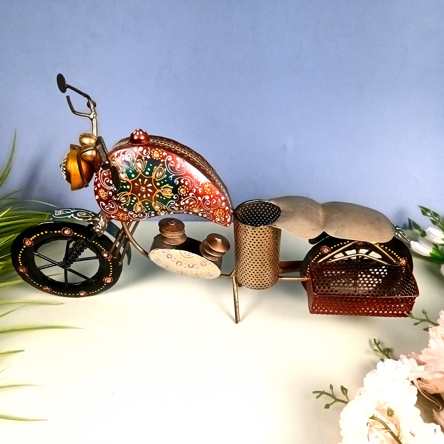 Bike Showpiece With Pen Holder & Side Basket For Card Holder | Stationary Organizers - For Study Table, Desk, Office, Dining Table, Kitchen, Home Decor - Apkamart