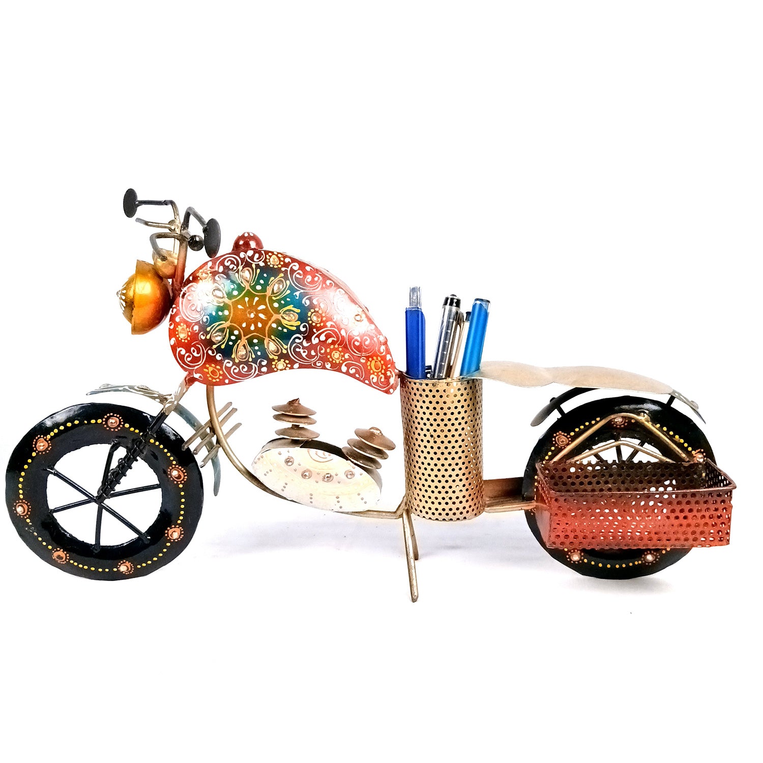 Bike Showpiece With Pen Holder & Side Basket For Card Holder | Stationary Organizers - For Study Table, Desk, Office, Dining Table, Kitchen, Home Decor - Apkamart