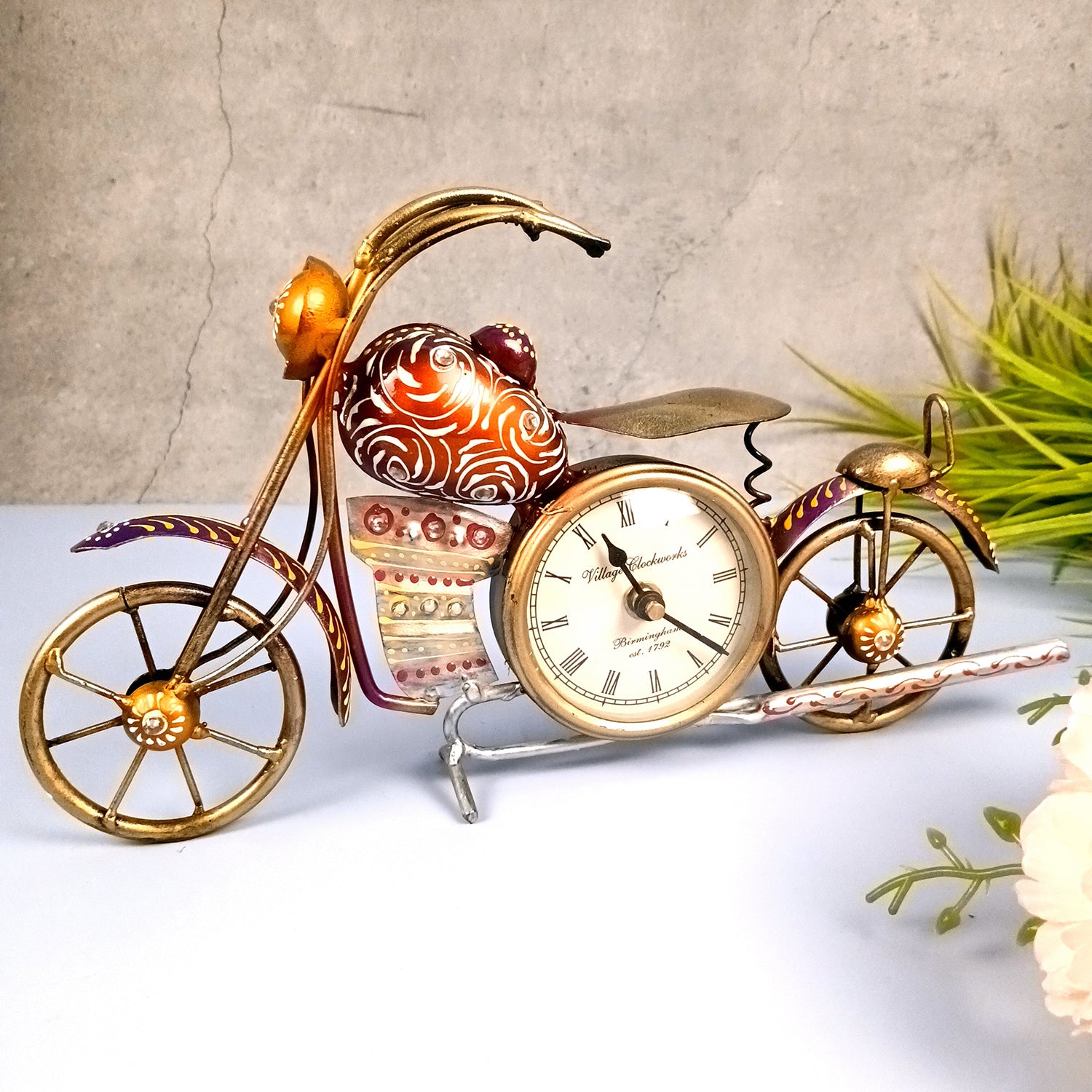 Bike Showpiece with Table Clock | Vintage Motor Cycle Bike Miniature with Desk Watch - for Home, Living Room, Study Table, Desk, Office Decor & Gifts - apkamart #Style_Design 1