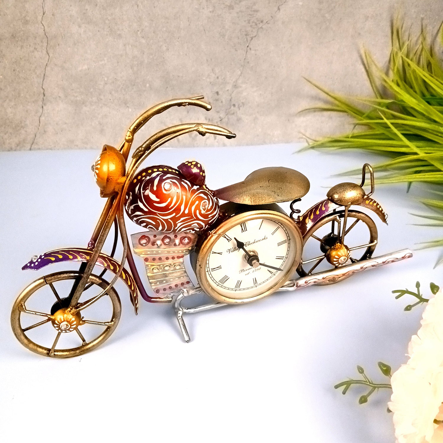 Bike Showpiece with Table Clock | Vintage Motor Cycle Bike Miniature with Desk Watch - for Home, Living Room, Study Table, Desk, Office Decor & Gifts - apkamart #Style_Design 1