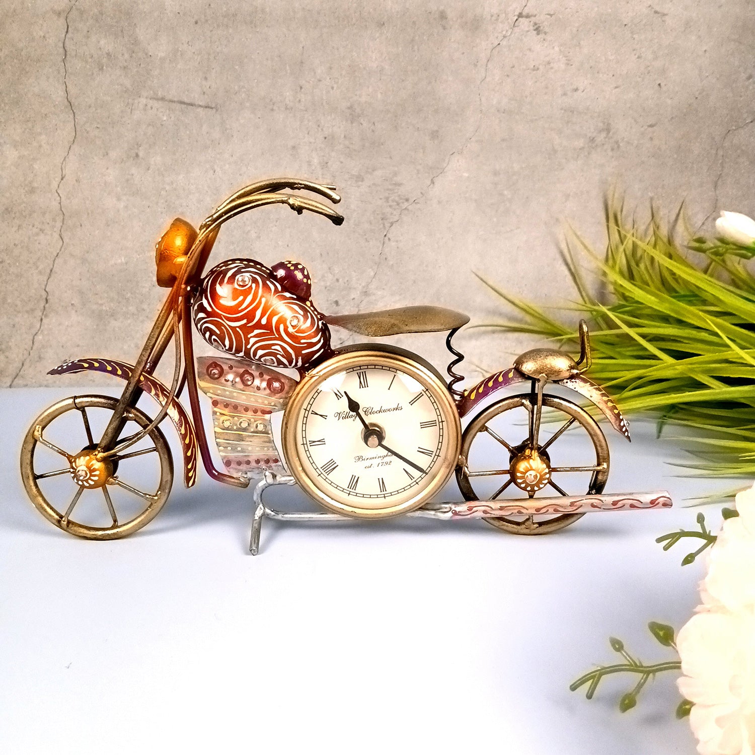 Bike Showpiece with Table Clock | Vintage Motor Cycle Bike Miniature with Desk Watch - for Home, Living Room, Study Table, Desk, Office Decor & Gifts - apkamart #Style_Design 1