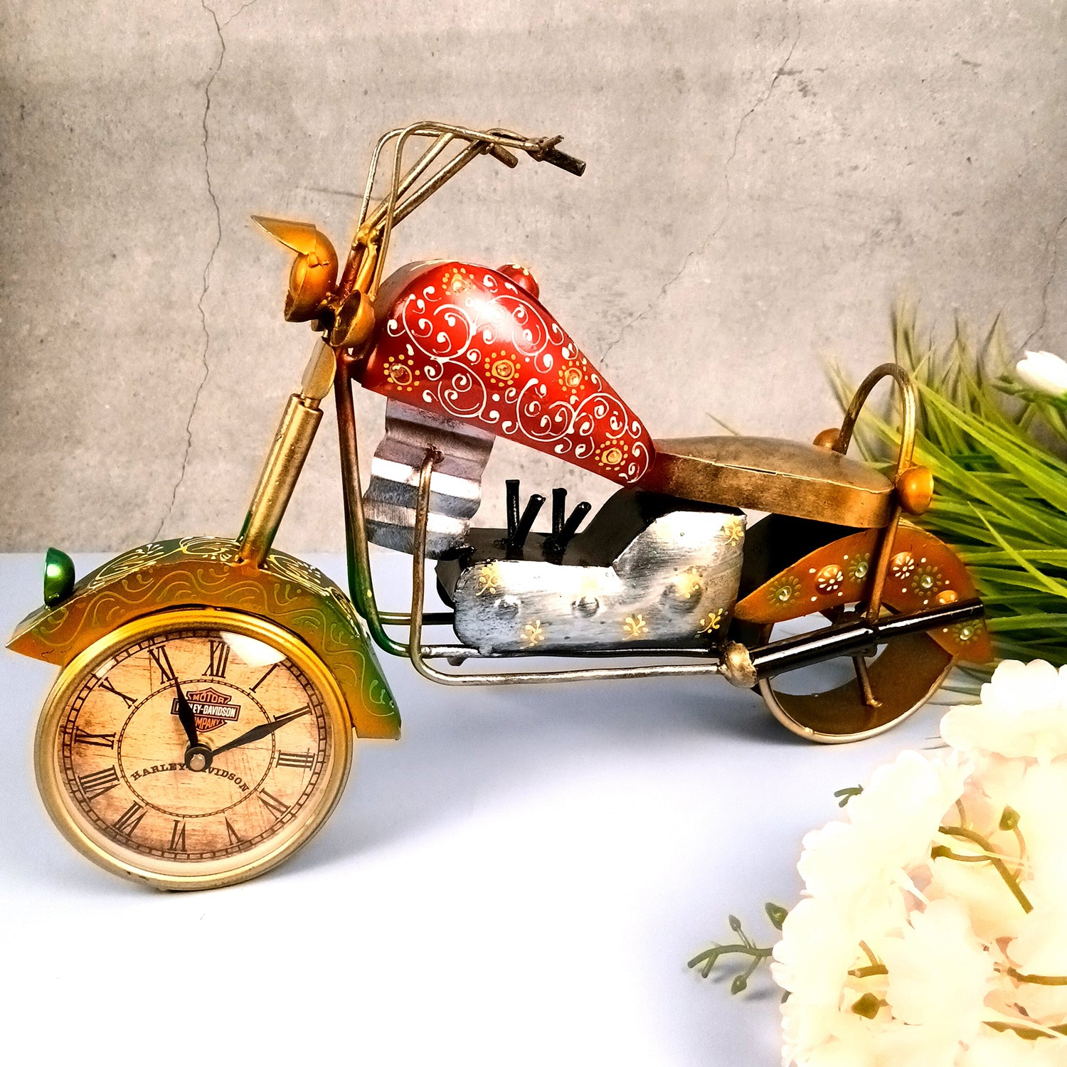 Bike Showpiece with Table Clock | Vintage Motor Cycle Bike Miniature with Desk Watch - for Home, Living Room, Study Table, Desk, Office Decor & Gifts - apkamart #Style_Design 2