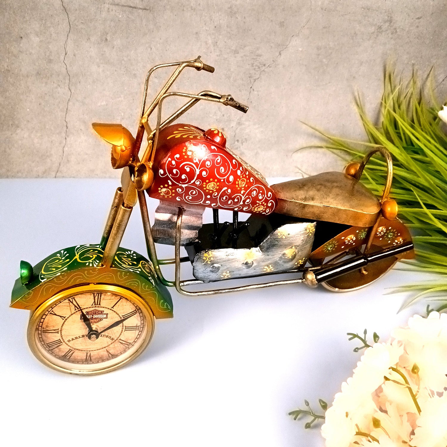 Bike Showpiece with Table Clock | Vintage Motor Cycle Bike Miniature with Desk Watch - for Home, Living Room, Study Table, Desk, Office Decor & Gifts