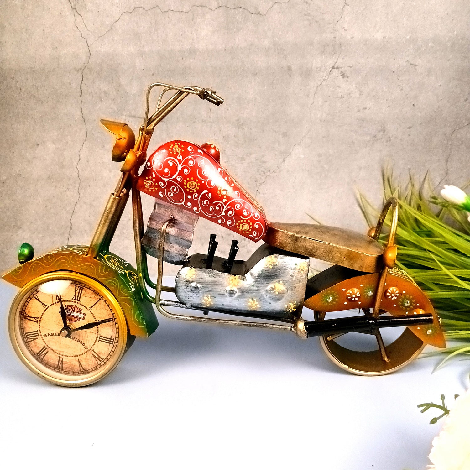 Bike Showpiece with Table Clock | Vintage Motor Cycle Bike Miniature with Desk Watch - for Home, Living Room, Study Table, Desk, Office Decor & Gifts - apkamart #Style_Design 2