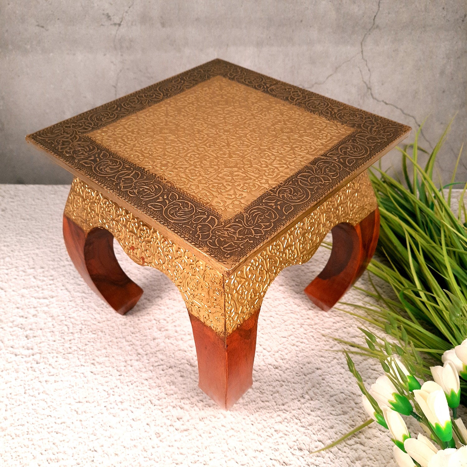 Side Table | Wood & Brass End Tables Cum Stool - for Keeping Lamp, Vases & Plants | Small Stools - for Sitting, Bedside, Home Decor, Corners, Sofa Side Stool, Office & Gifts - 10 Inch - apkamart