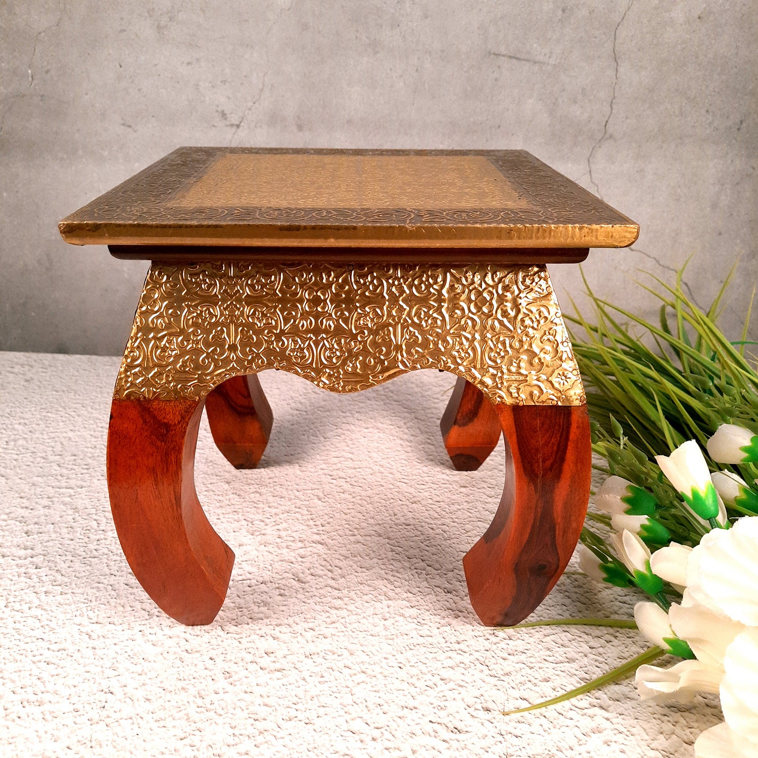 Side Table | Wood & Brass End Tables Cum Stool - for Keeping Lamp, Vases & Plants | Small Stools - for Sitting, Bedside, Home Decor, Corners, Sofa Side Stool, Office & Gifts - 10 Inch - apkamart