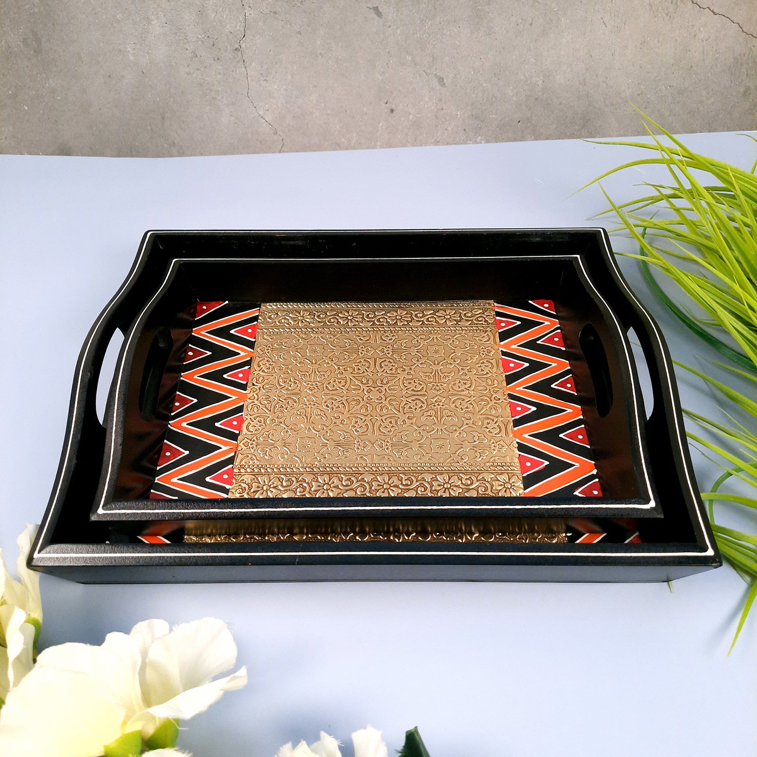 Tray Set - Wood & Brass | Tea & Snacks Serving Platter | Decorative Handcrafted Trays - for Home, Dining Table, Kitchen Decor | Wedding & Housewarming Gift - 13 Inch - apkamart