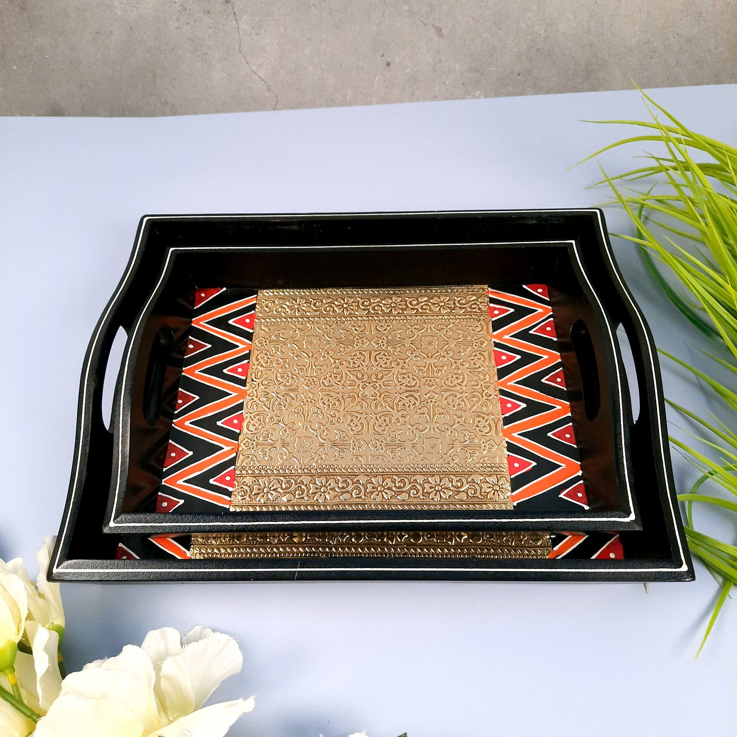 Tray Set - Wood & Brass | Tea & Snacks Serving Platter | Decorative Handcrafted Trays - for Home, Dining Table, Kitchen Decor | Wedding & Housewarming Gift - 13 Inch - apkamart