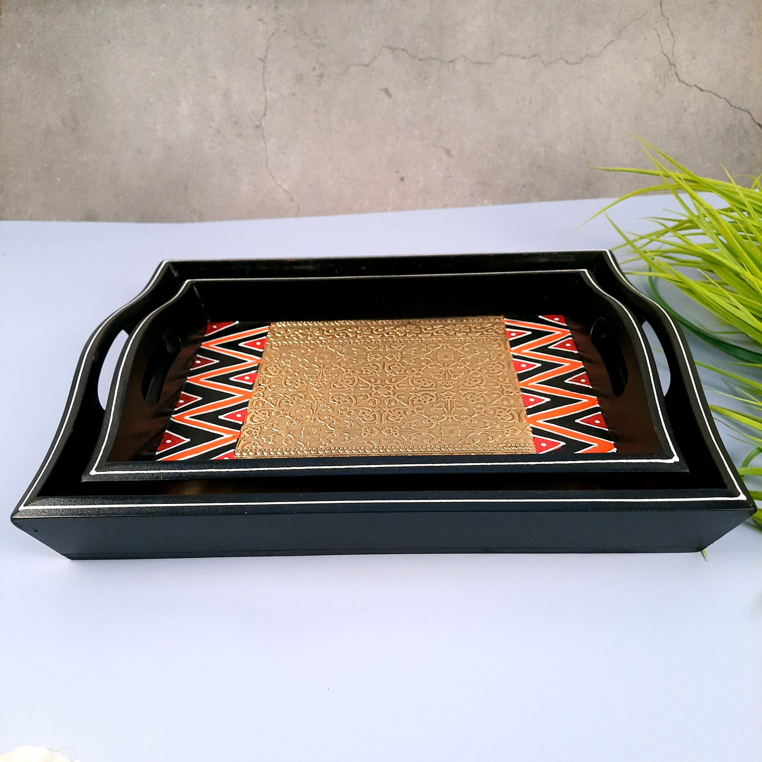 Tray Set - Wood & Brass | Tea & Snacks Serving Platter | Decorative Handcrafted Trays - for Home, Dining Table, Kitchen Decor | Wedding & Housewarming Gift - 13 Inch - apkamart