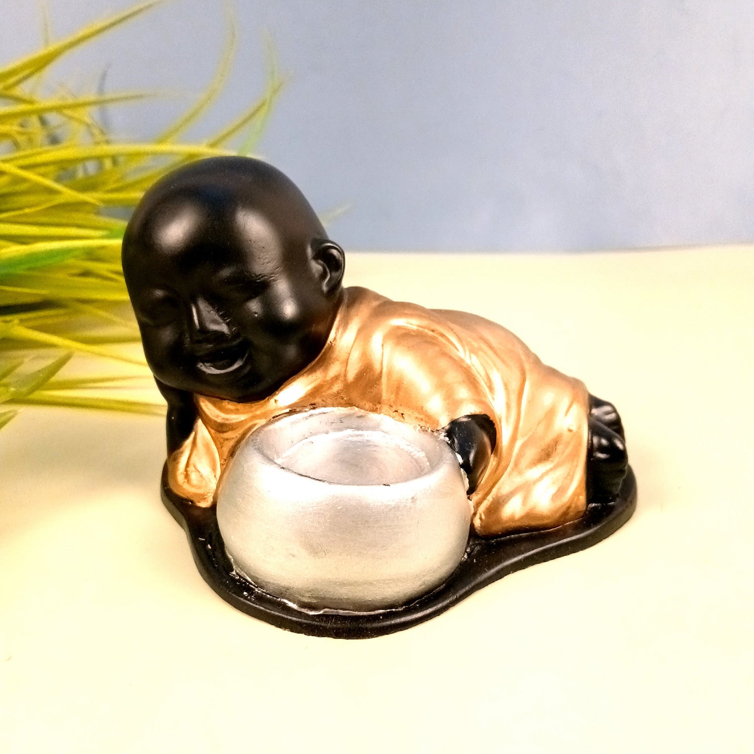 Buddha Showpiece With Tea Light Holder | baby Monk T - Light Candle Stand - for Living Room, Table, Shelf Decor | Home Decorative Item - 4 Inch - Apkamart #Style_Pack Of 1