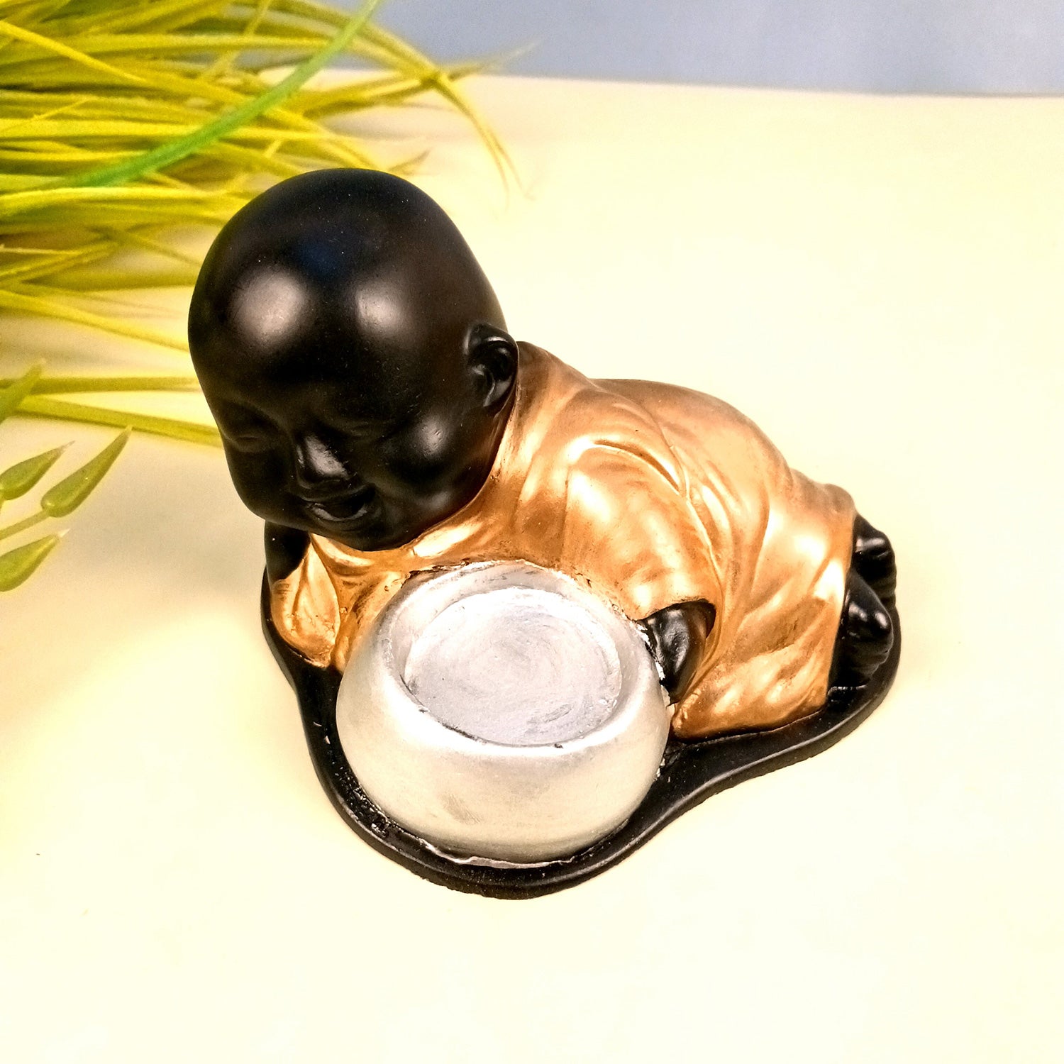 Buddha Showpiece With Tea Light Holder | baby Monk T - Light Candle Stand - for Living Room, Table, Shelf Decor | Home Decorative Item - 4 Inch - Apkamart #Style_Pack Of 1