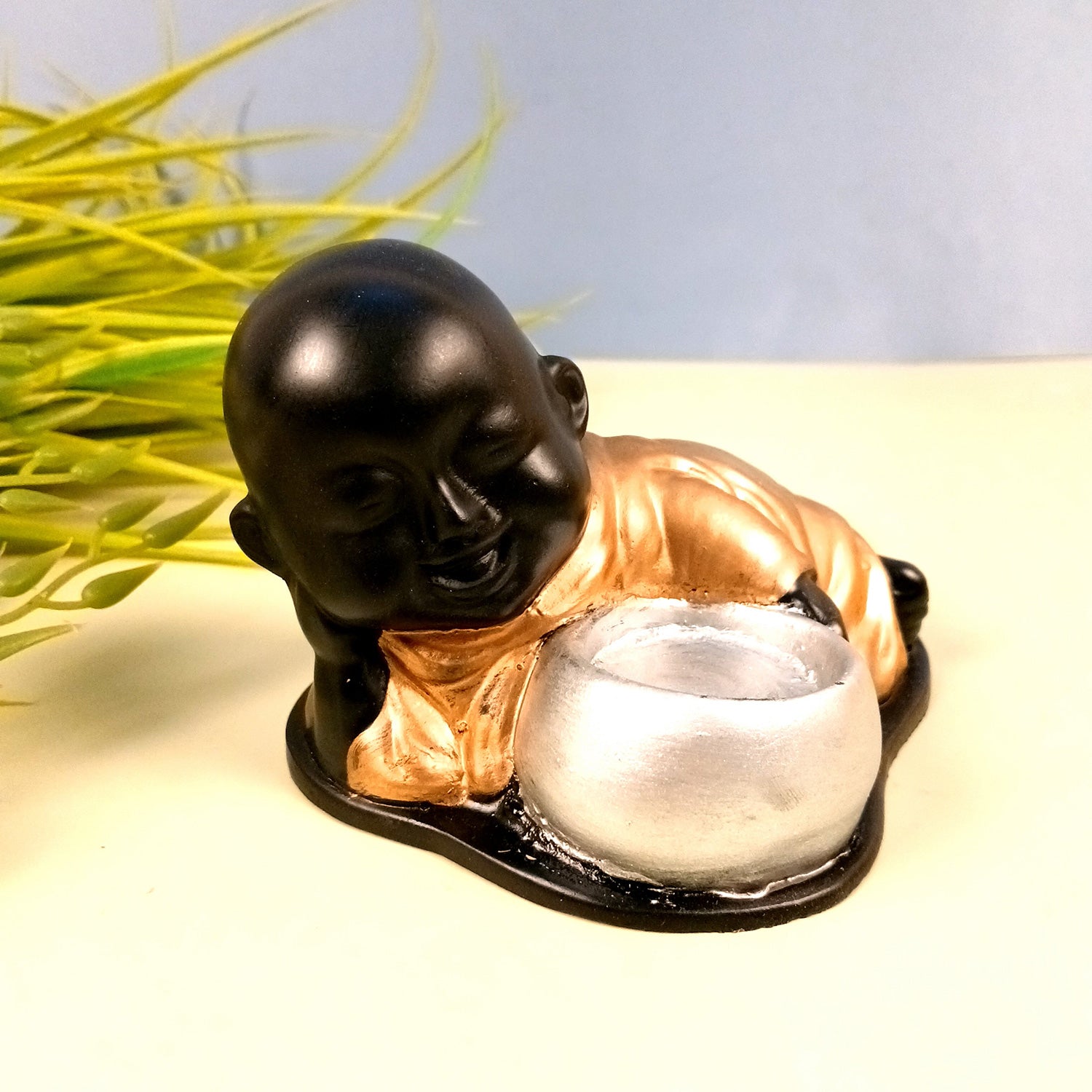 Buddha Showpiece With Tea Light Holder | baby Monk T - Light Candle Stand - for Living Room, Table, Shelf Decor | Home Decorative Item - 4 Inch - Apkamart #Style_Pack Of 1