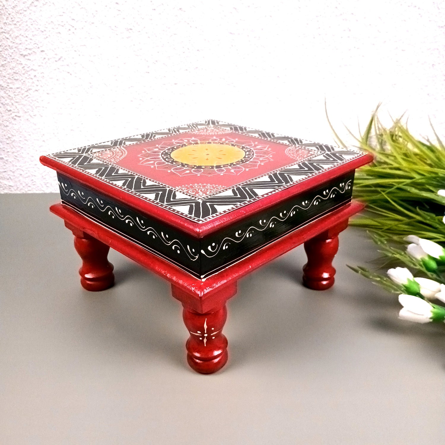 Puja Chowki Bajot| Wooden Chauki for Sitting | Peeta/Patla - for Home, Living Room, Corner, Mandir Decoration & Gifts - 10 Inch - Apkamart #Size_10 Inch