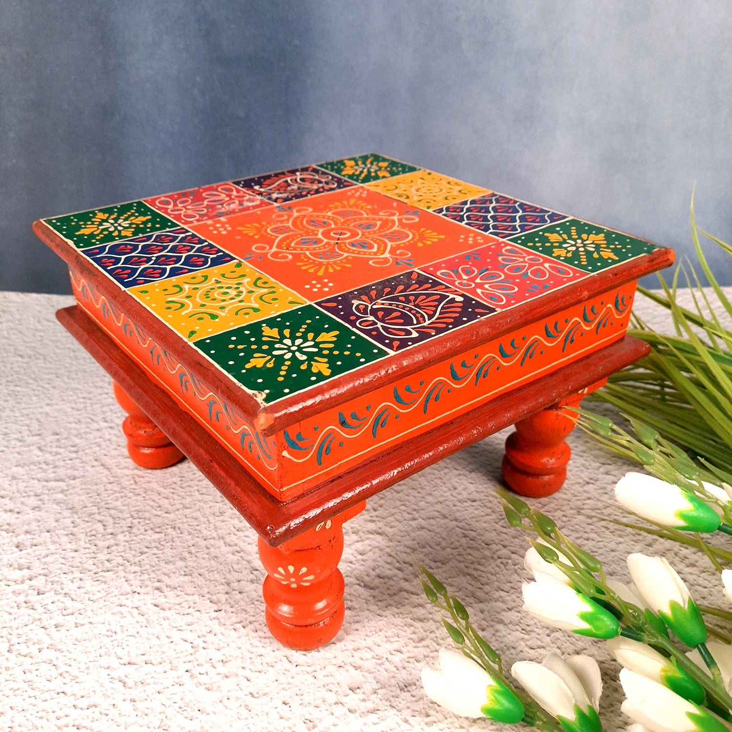 Puja Chowki Bajot| Wooden Chauki For Sitting | Peeta / Patla - For Home, living Room, Corner, Mandir Decoration & Gifts - 10 Inch - apkamart
