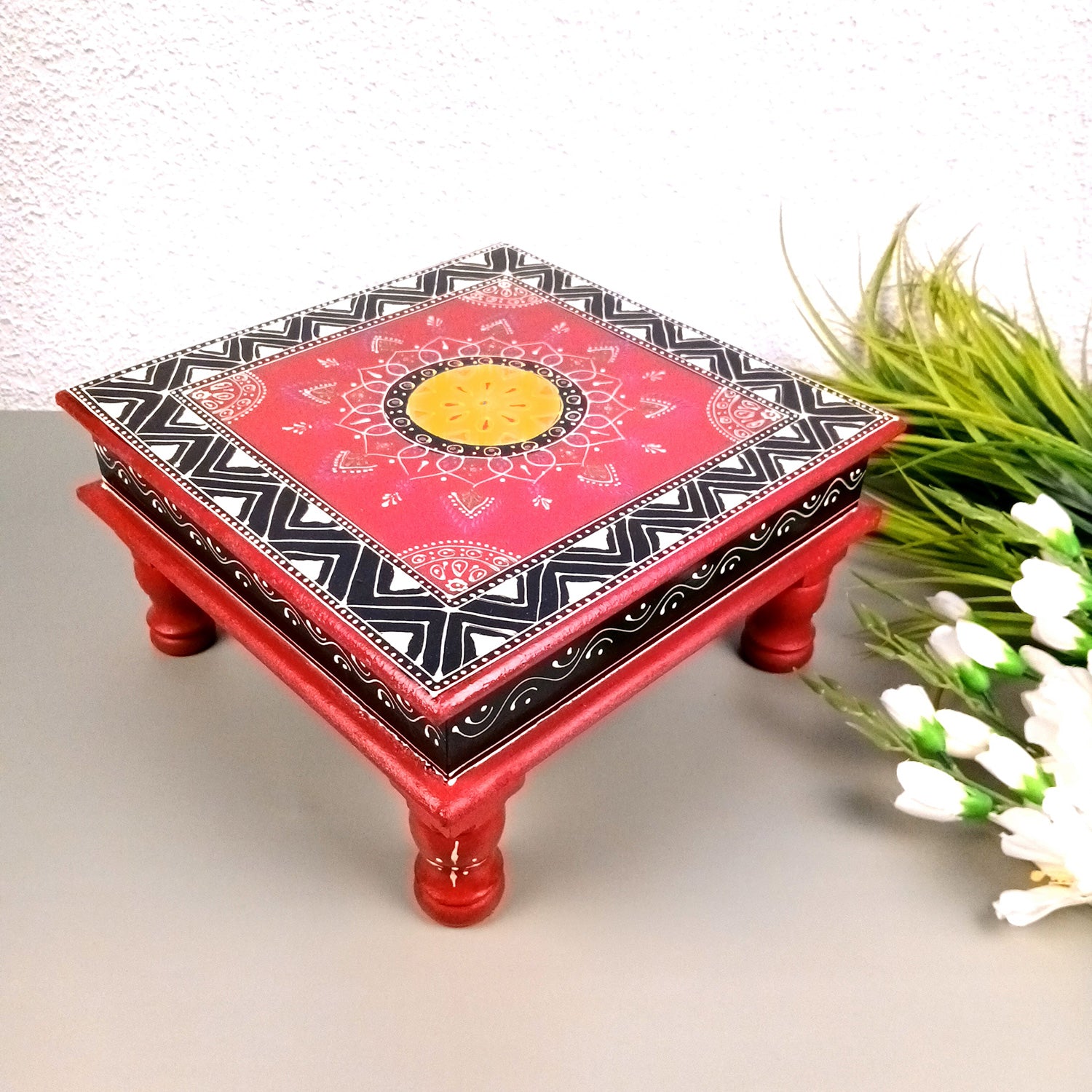 Puja Chowki Bajot| Wooden Chauki for Sitting | Peeta/Patla - for Home, Living Room, Corner, Mandir Decoration & Gifts - 10 Inch - Apkamart #Size_12 Inch