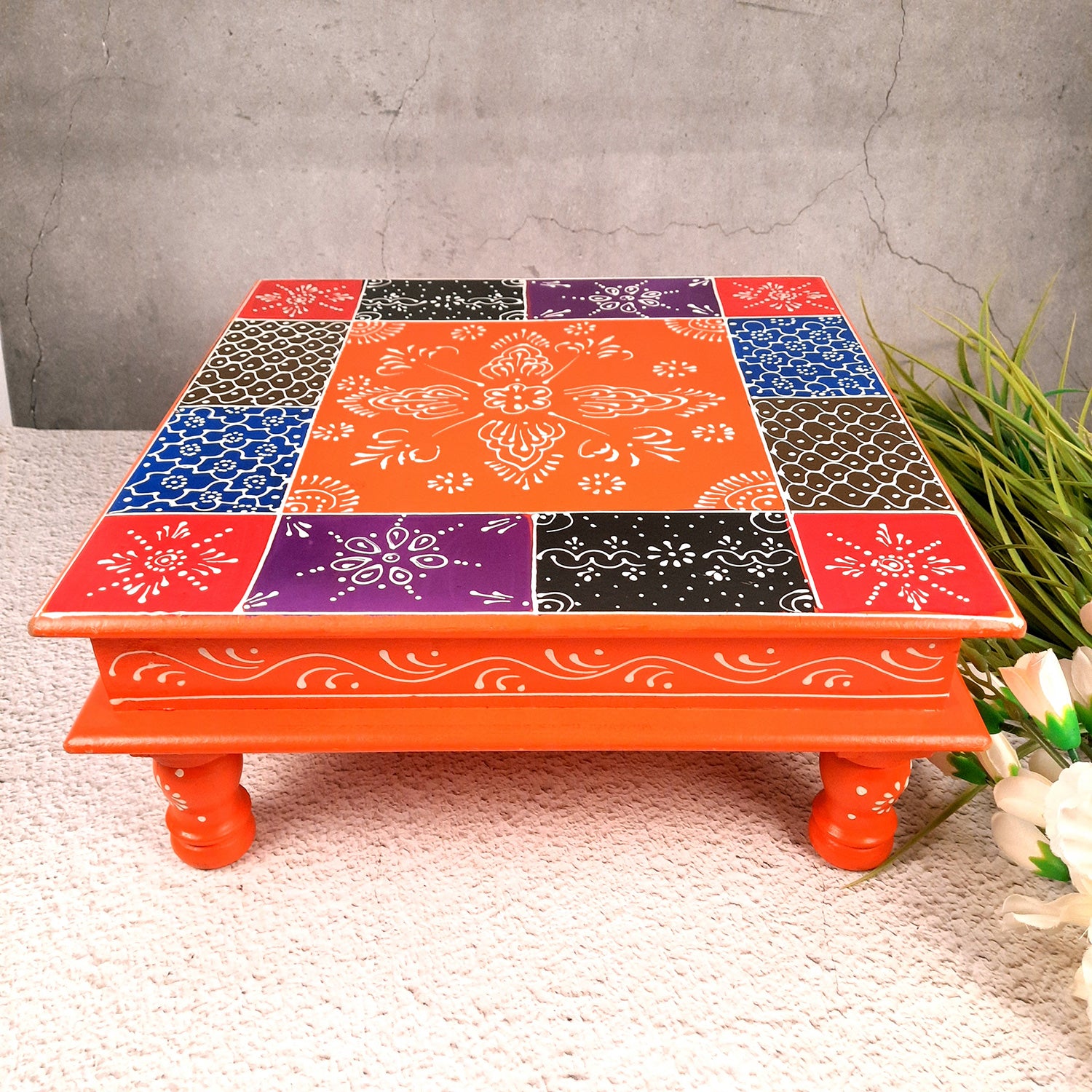 Puja Chowki Bajot Wooden | Wooden Pooja Peeta Table | Stool / Aasan for God Idols - for Festivals, Home, living Room, Corner, Mandir Decoration & Gifts - 15 Inch - apkamart