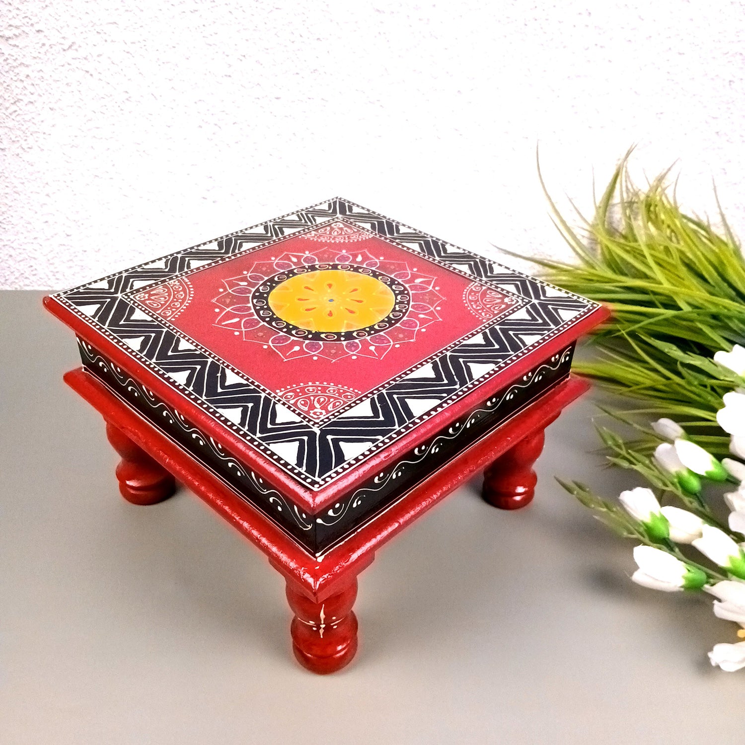 Puja Chowki Bajot| Wooden Chauki for Sitting | Peeta/Patla - for Home, Living Room, Corner, Mandir Decoration & Gifts - 10 Inch - Apkamart #Size_10 Inch