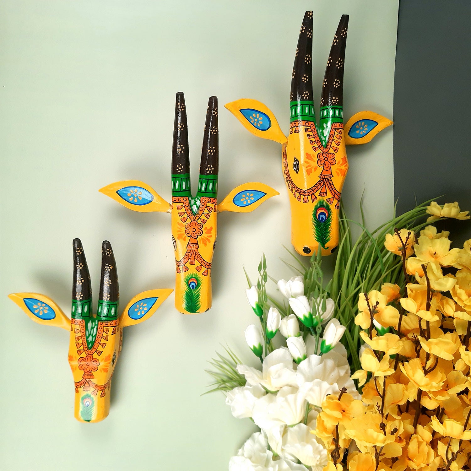 Wooden Cow Face Wall Hanging | Nandi Bull Head Wall Decor With Detachable Ears | Vintage Decor - For Home, Living Room, Entrance, Puja Room Decoration & Gifts ( Set of 3) - apkamart #color_Yellow