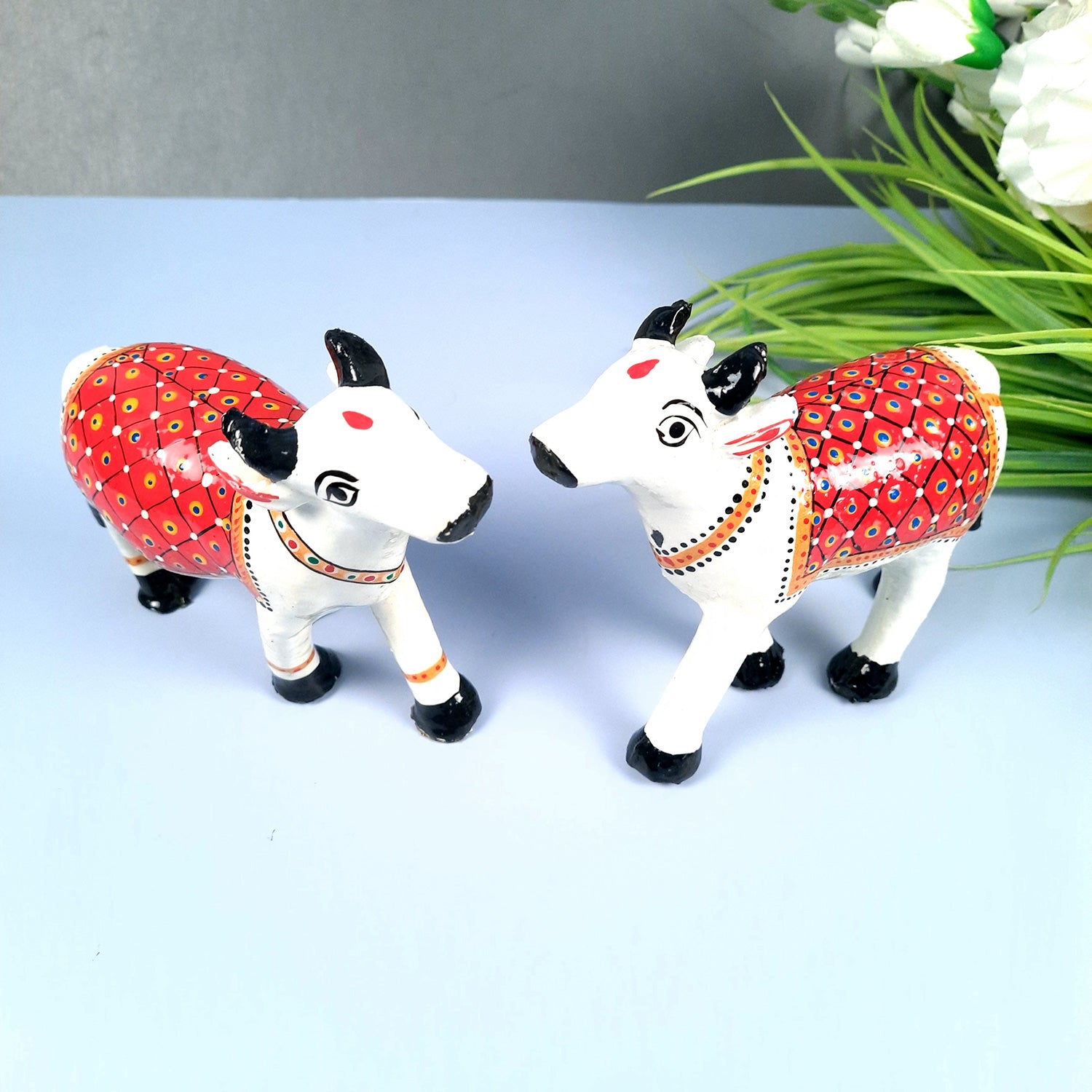 Cow Showpiece | Kamdhenu Cow Statue Figurine - for Puja, Home, Table, Shelf, Living Room Decor, Gifts - 5 Inch - apkamart