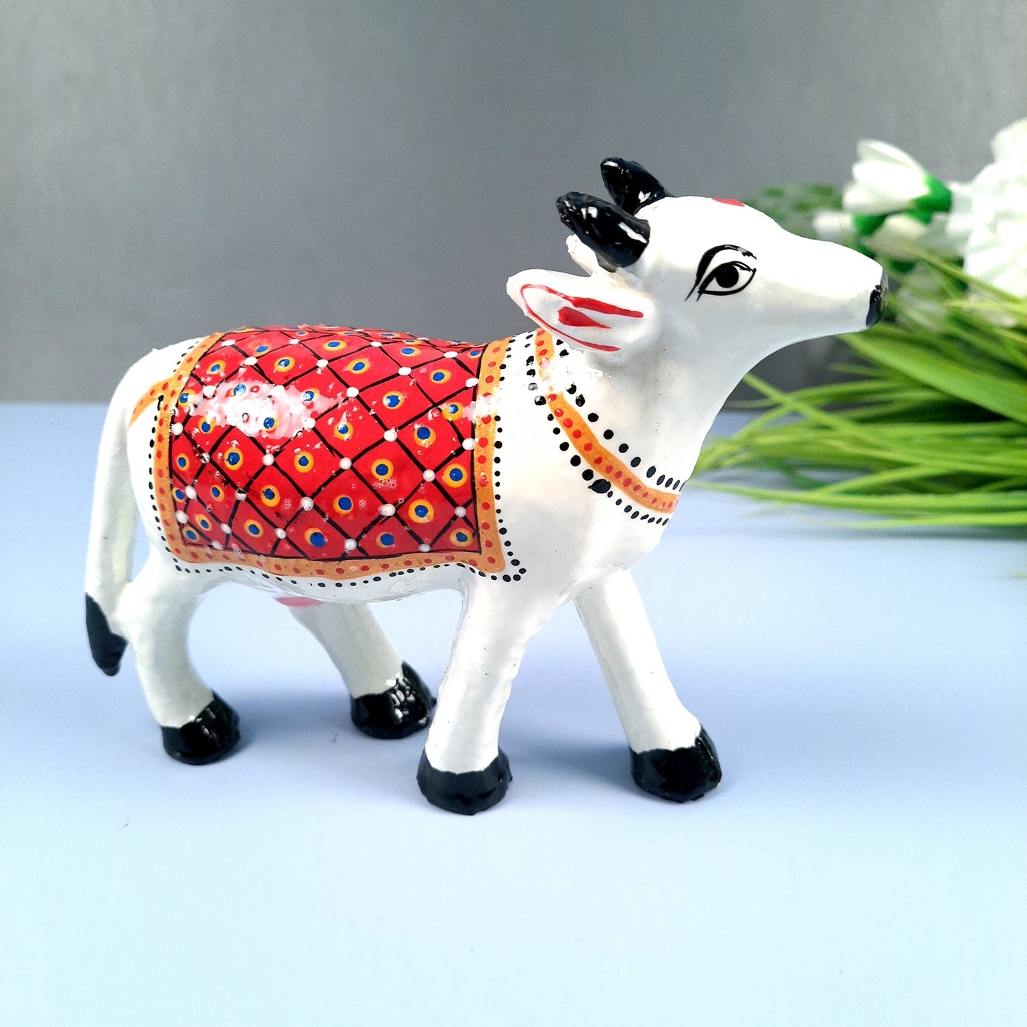 Cow Showpiece | Kamdhenu Cow Statue Figurine - for Puja, Home, Table, Shelf, Living Room Decor, Gifts - 5 Inch - apkamart