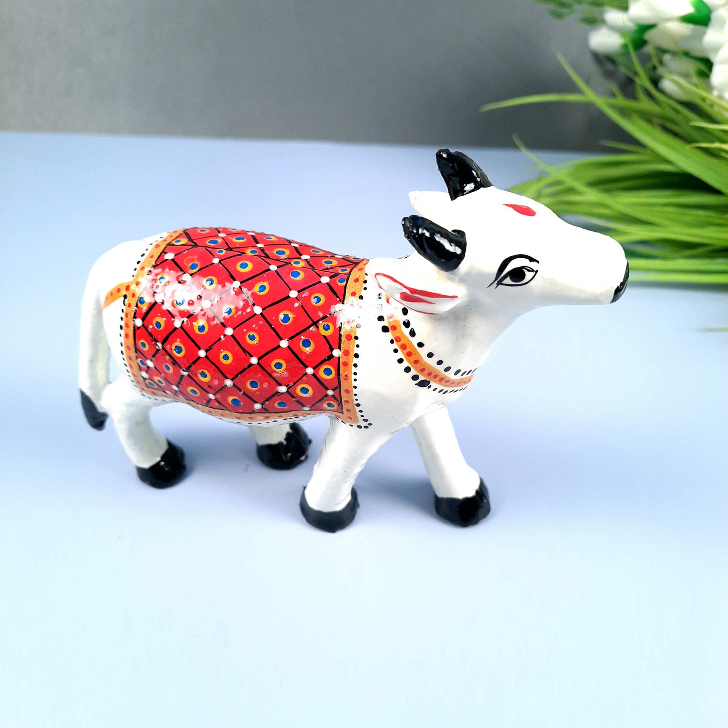 Cow Showpiece | Kamdhenu Cow Statue Figurine - for Puja, Home, Table, Shelf, Living Room Decor, Gifts - 5 Inch - apkamart