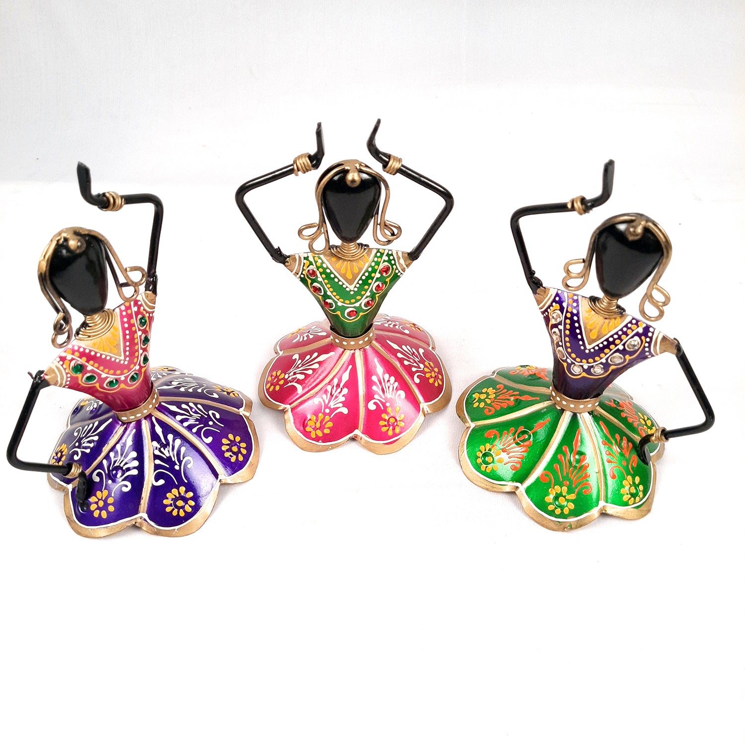 Dancing Girl Decorative Showpiece | Village Ladies Figurines - for Home, Living Room, TV Unit Decor & Gifts - 7 Inch (Set of 3) - apkamart