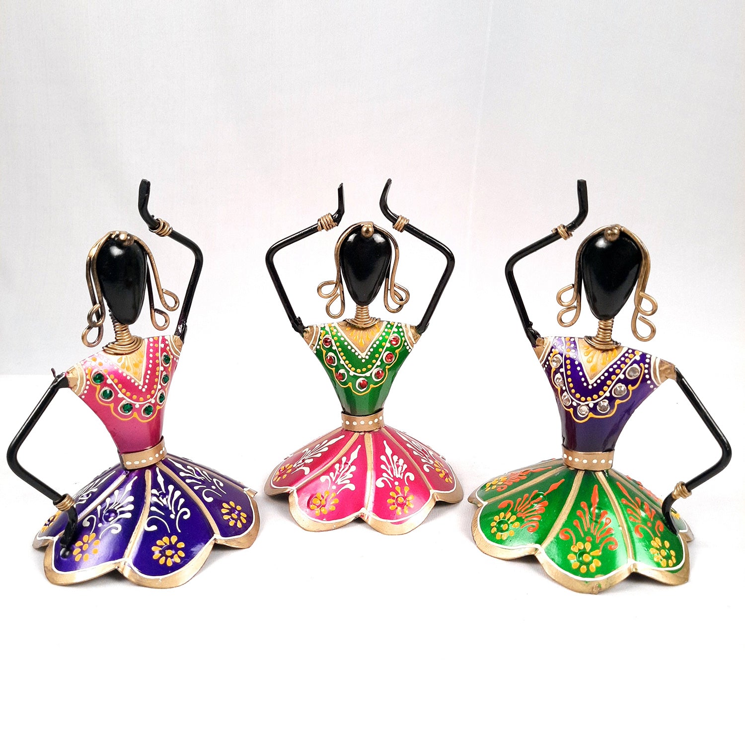 Dancing Girl Decorative Showpiece | Village Ladies Figurines - for Home, Living Room, TV Unit Decor & Gifts - 7 Inch (Set of 3) - apkamart