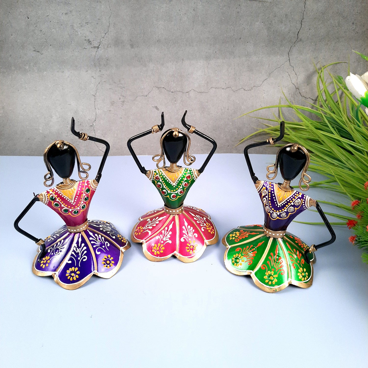 Dancing Girl Decorative Showpiece | Village Ladies Figurines - for Home, Living Room, TV Unit Decor & Gifts - 7 Inch (Set of 3) - apkamart