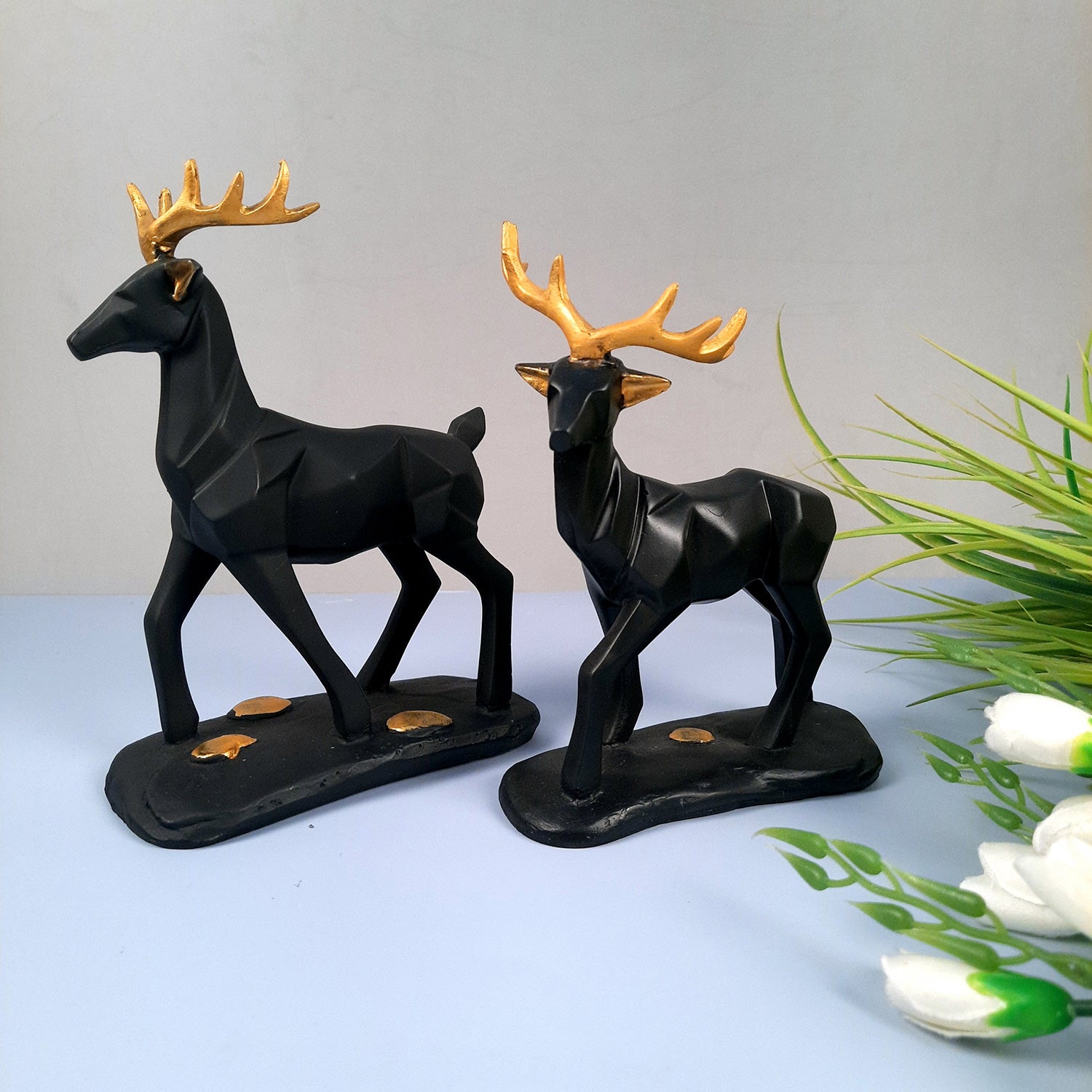 Deer Couple Showpiece | Reindeer Statue | Animal Figurines - for Home Decor, Garden, Balcony, Living Room & Gifts - Pack of 2 - apkamart #Color_Black