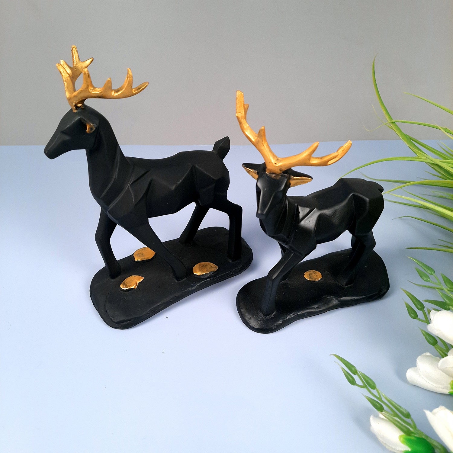 Deer Couple Showpiece | Reindeer Statue | Animal Figurines - for Home Decor, Garden, Balcony, Living Room & Gifts - Pack of 2 - apkamart #Color_Black