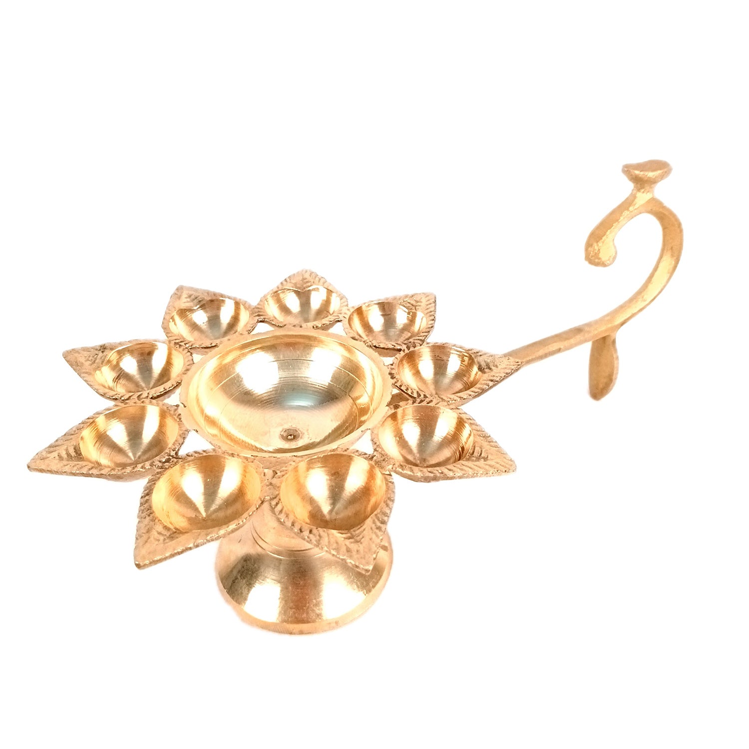 Brass Diya | Puja Deepak | Dasmukhi Aarti Diya Pooja Lamp With Handle - for Home, Temple, Diwali, Navratri & Gifting - 9 Inch