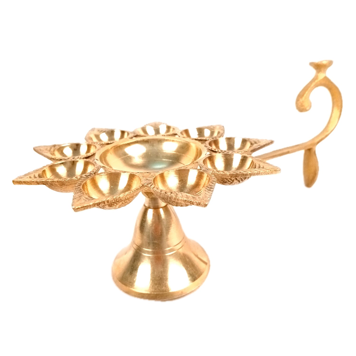 Brass Diya | Puja Deepak | Dasmukhi Aarti Diya Pooja Lamp With Handle - for Home, Temple, Diwali, Navratri & Gifting - 9 Inch