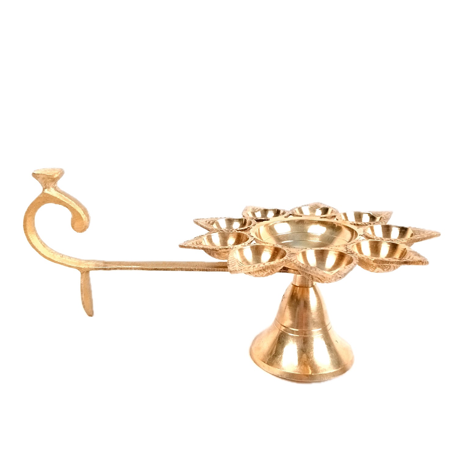 Brass Diya | Puja Deepak | Dasmukhi Aarti Diya Pooja Lamp With Handle - for Home, Temple, Diwali, Navratri & Gifting - 9 Inch