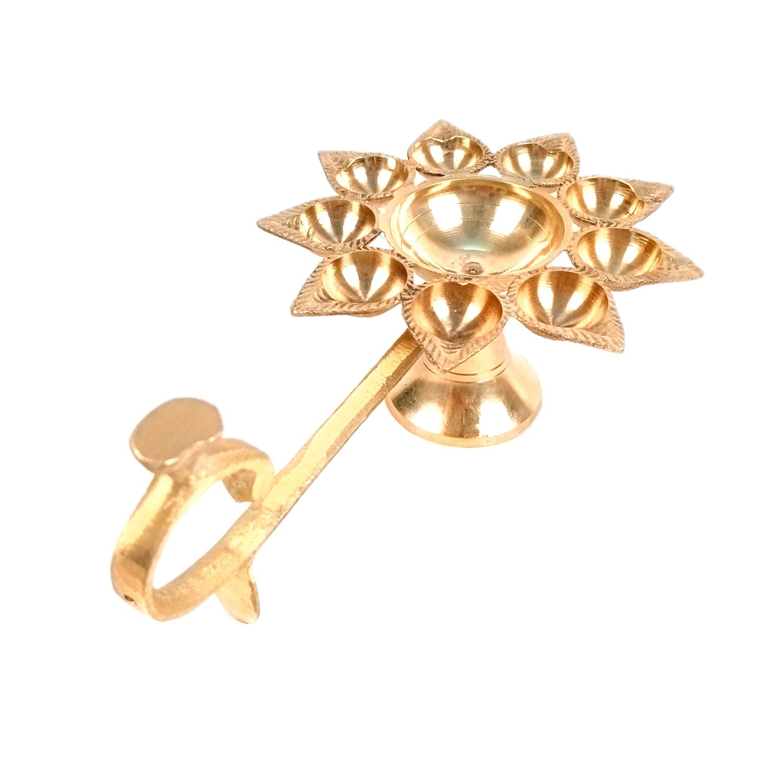 Brass Diya | Puja Deepak | Dasmukhi Aarti Diya Pooja Lamp With Handle - for Home, Temple, Diwali, Navratri & Gifting - 9 Inch