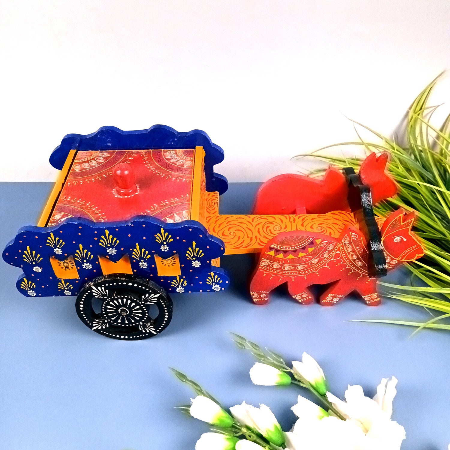 Wooden Dry Fruit Box with Lid - Bullock Cart Design | Mukhwas Bowl with Four Compartments - for Kitchen, Home, & Dining Table Decor & Gifts - 17 Inch - Apkamart