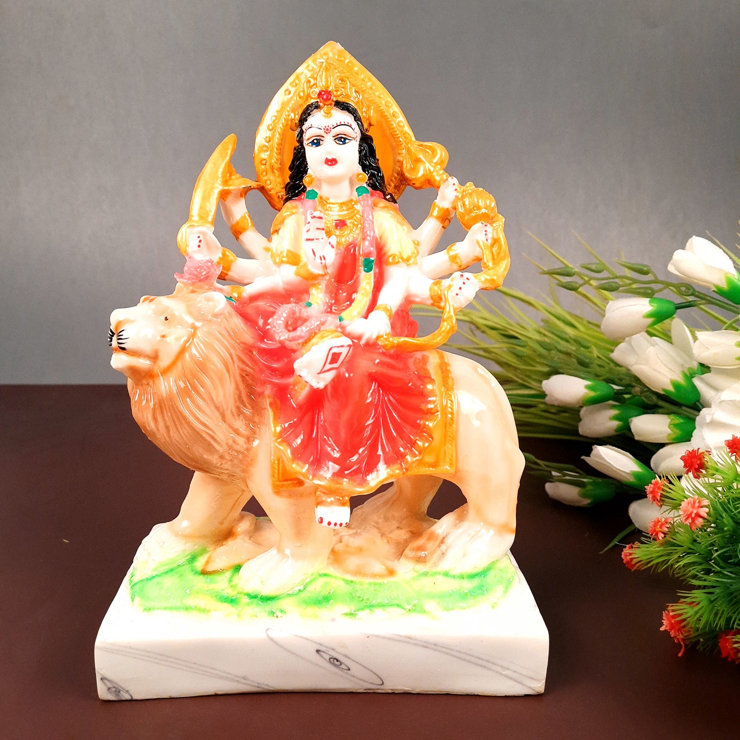 Durga Maa Sitting on Lion Statue | Sherawali Mata Rani Idol Murti - for Home Decor, Puja Room, Office Desk & Gift - 10 Inch - apkamart