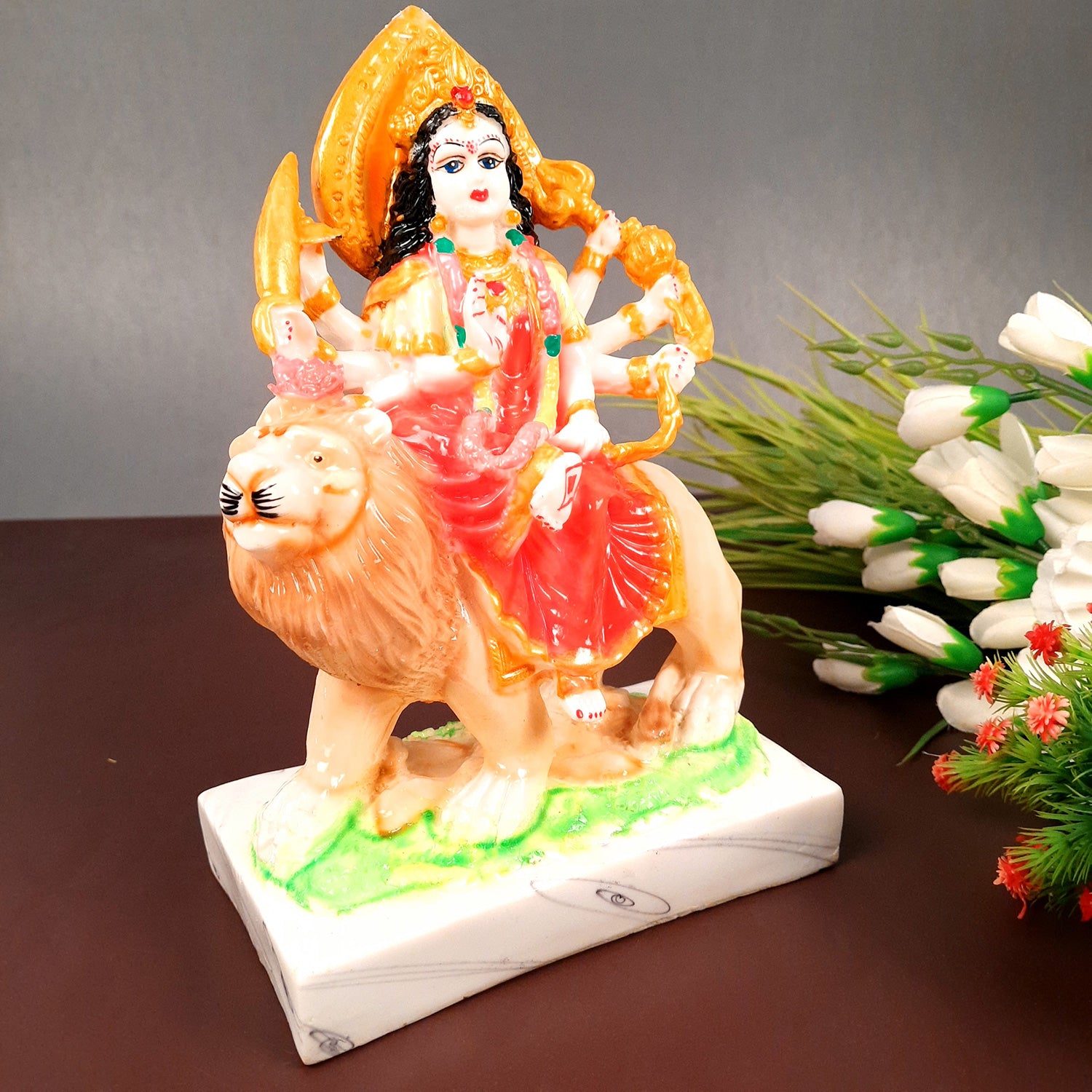 Durga Maa Sitting on Lion Statue | Sherawali Mata Rani Idol Murti - for Home Decor, Puja Room, Office Desk & Gift - 10 Inch - apkamart