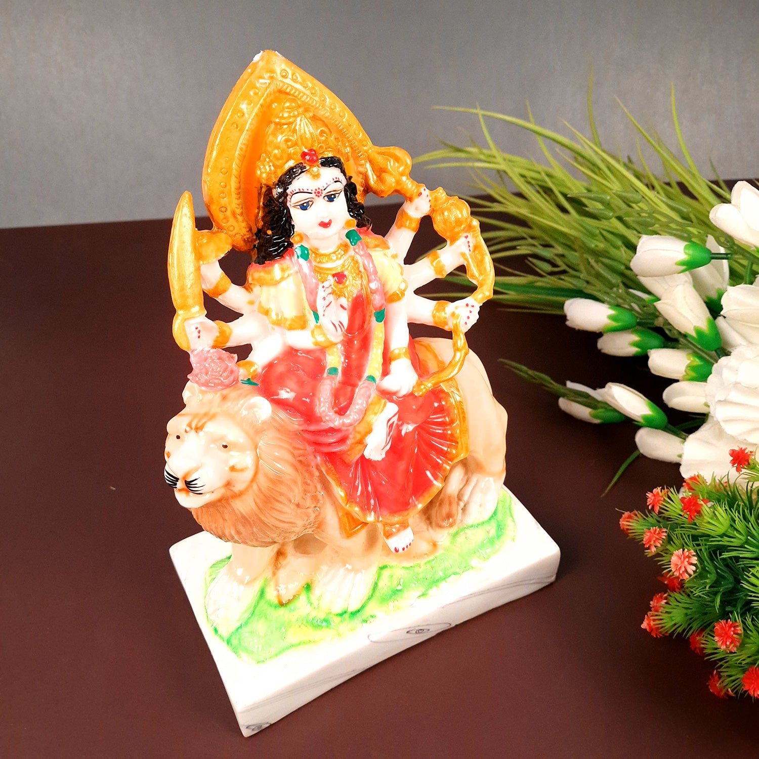 Durga Maa Sitting on Lion Statue | Sherawali Mata Rani Idol Murti - for Home Decor, Puja Room, Office Desk & Gift - 10 Inch - apkamart