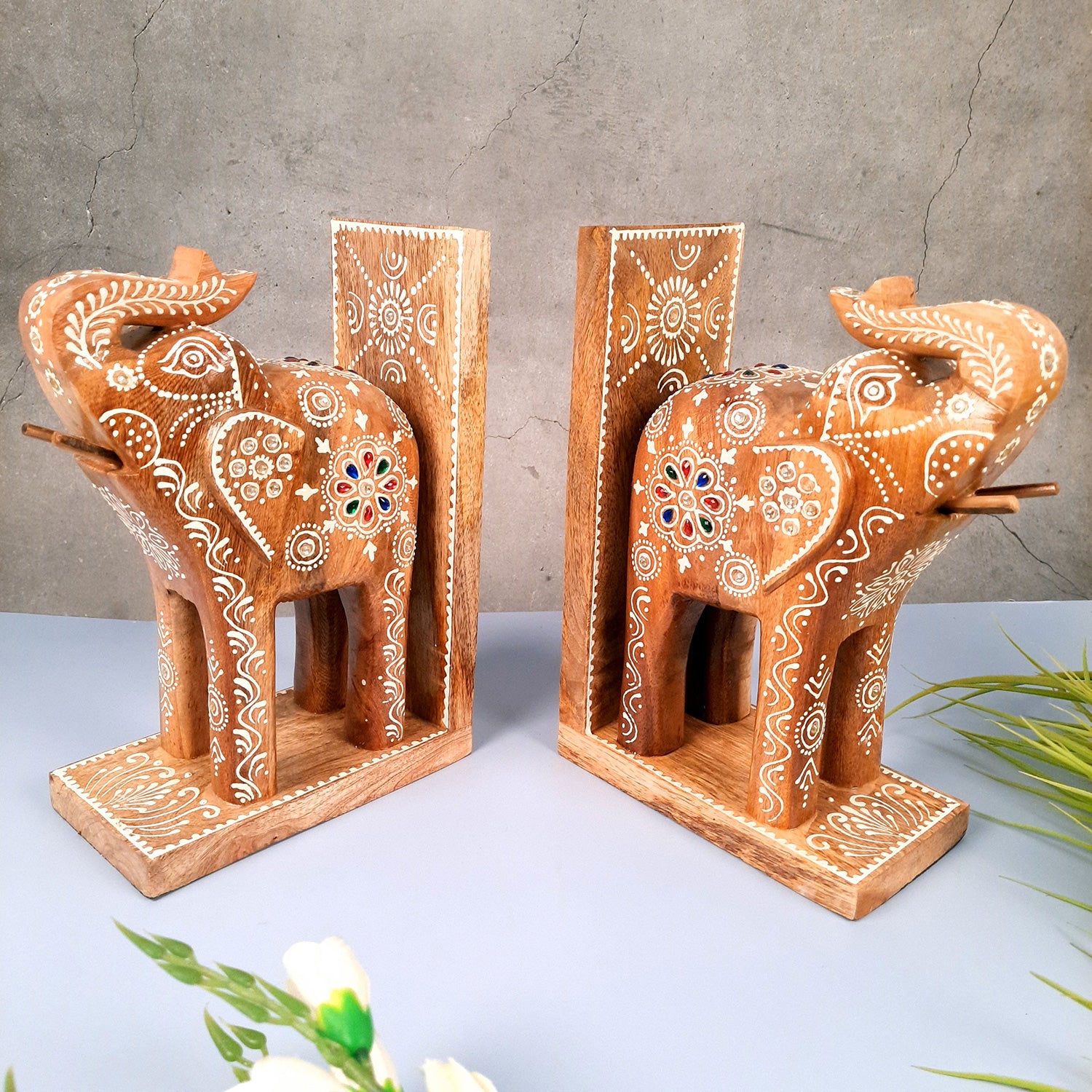 Book Ends - Wooden Elephant Design | Book Holders Stand | Bookend Desk Organizer - For Home, Table, Desk, Office, Study Kids Room & Gifts - 14 Inch