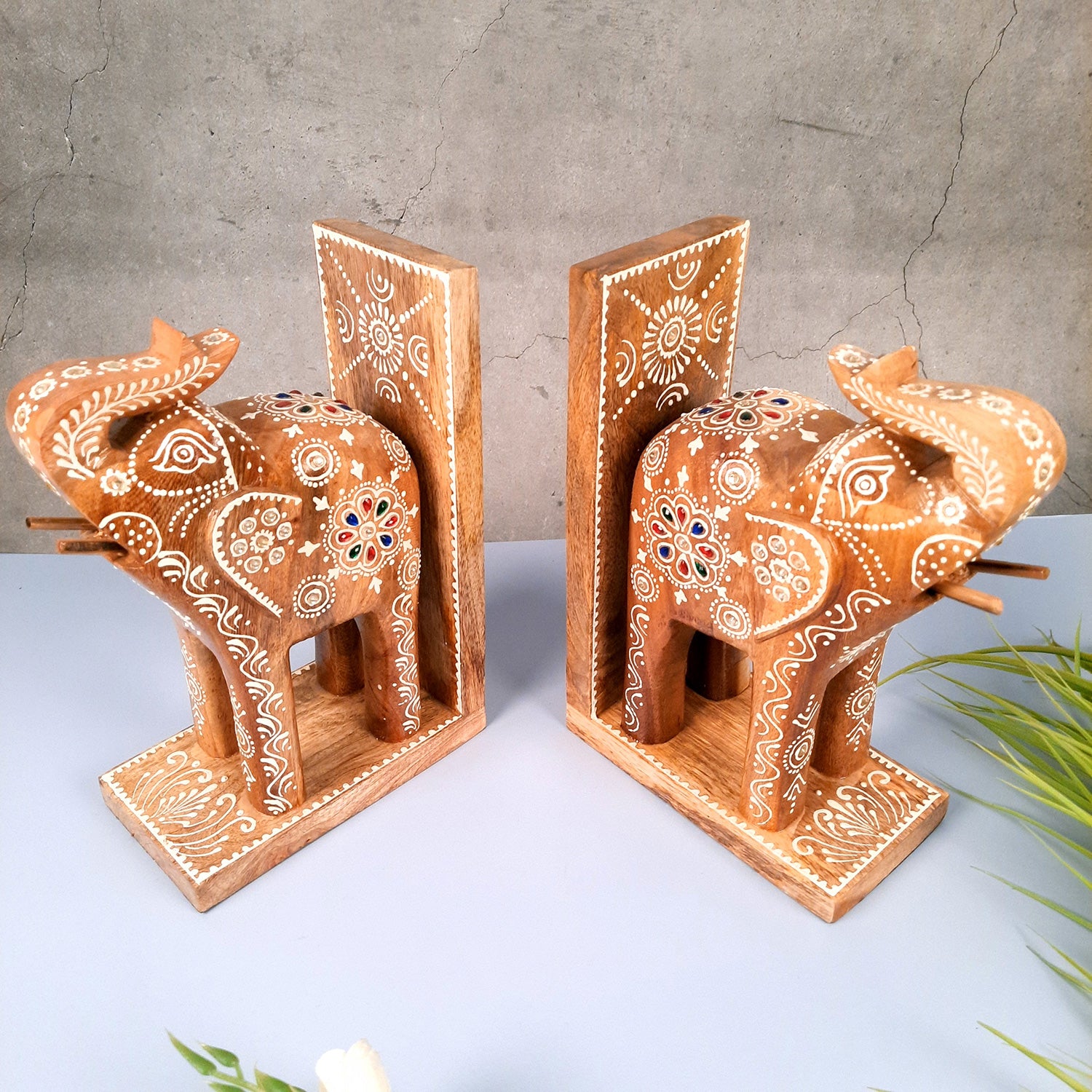 Book Ends - Wooden Elephant Design | Book Holders Stand | Bookend Desk Organizer - For Home, Table, Desk, Office, Study Kids Room & Gifts - 14 Inch - apkamart