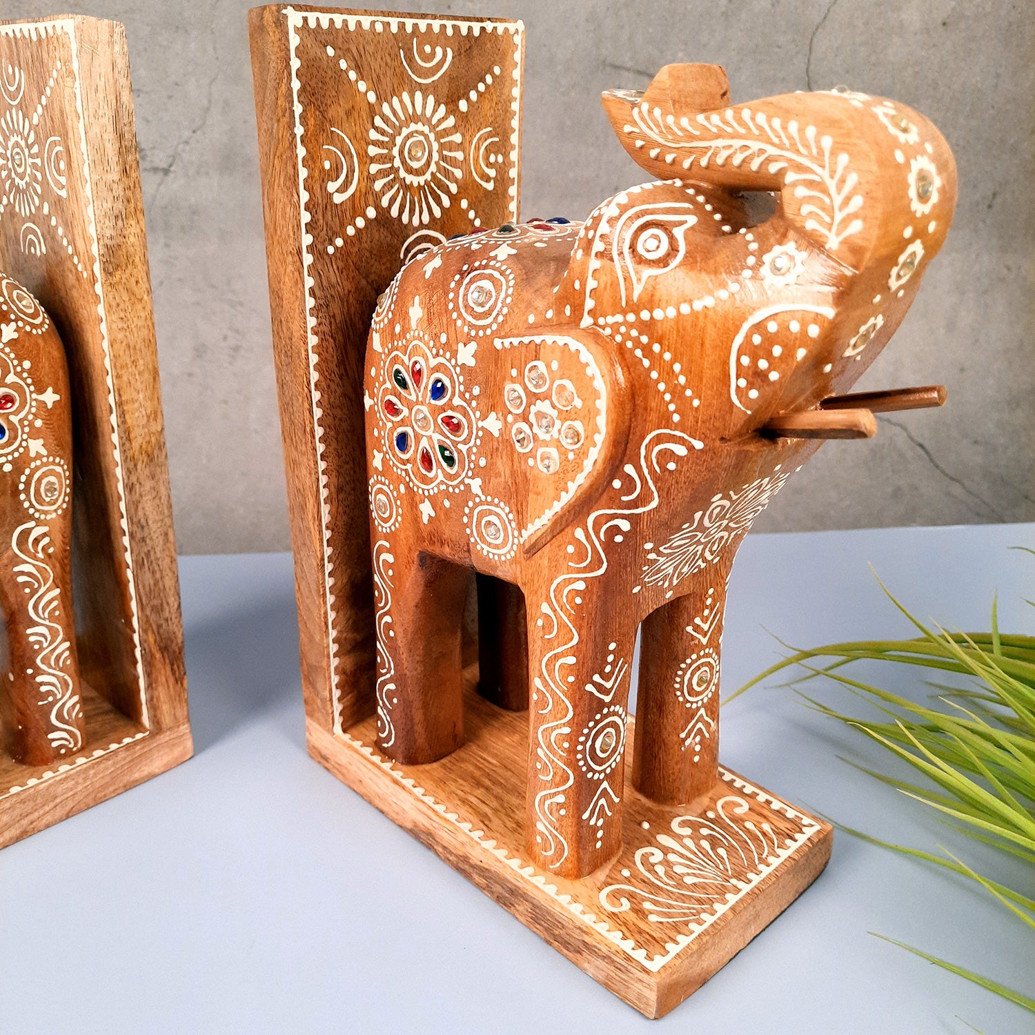 Book Ends - Wooden Elephant Design | Book Holders Stand | Bookend Desk Organizer - For Home, Table, Desk, Office, Study Kids Room & Gifts - 14 Inch - apkamart