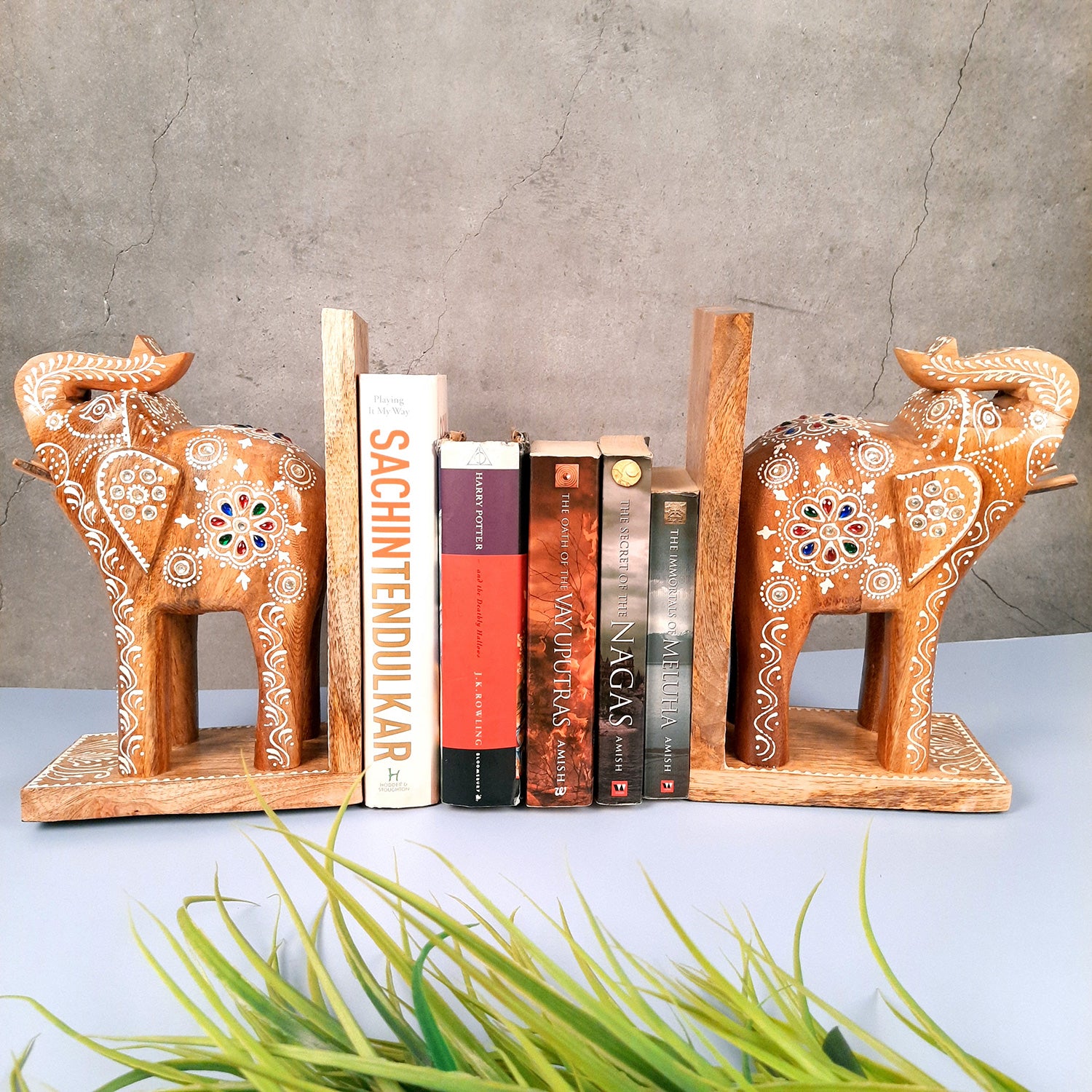 Book Ends - Wooden Elephant Design | Book Holders Stand | Bookend Desk Organizer - For Home, Table, Desk, Office, Study Kids Room & Gifts - 14 Inch - apkamart