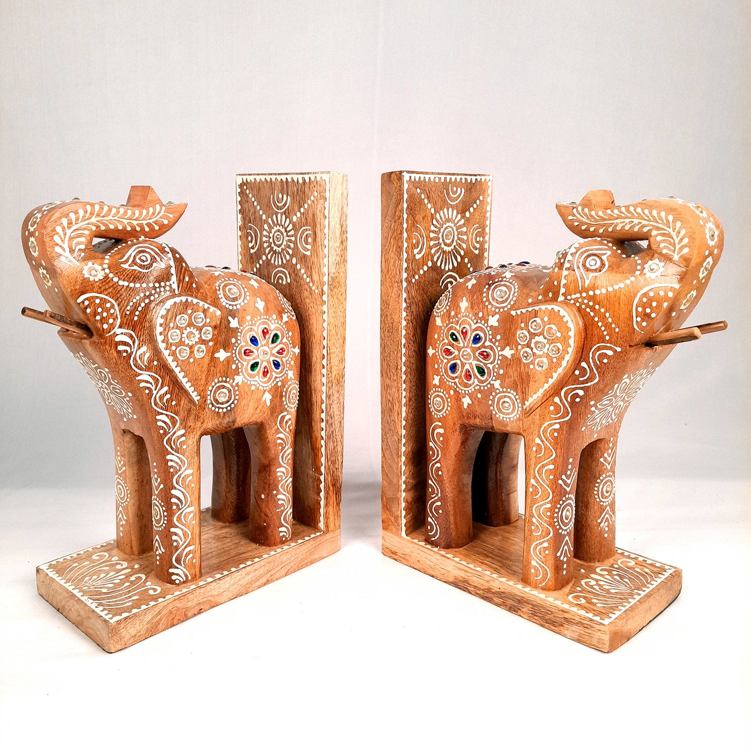 Book Ends - Wooden Elephant Design | Book Holders Stand | Bookend Desk Organizer - For Home, Table, Desk, Office, Study Kids Room & Gifts - 14 Inch - apkamart