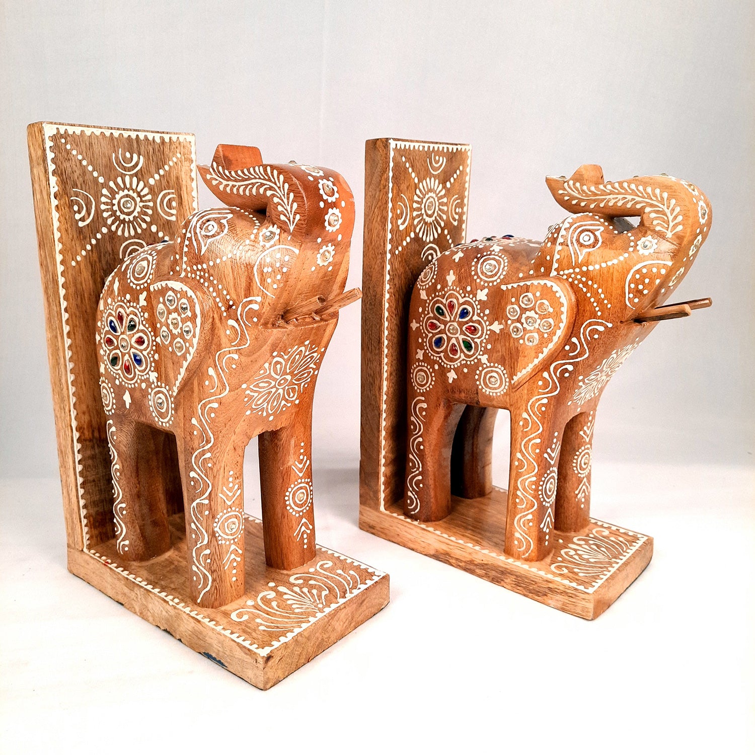 Book Ends - Wooden Elephant Design | Book Holders Stand | Bookend Desk Organizer - For Home, Table, Desk, Office, Study Kids Room & Gifts - 14 Inch - apkamart