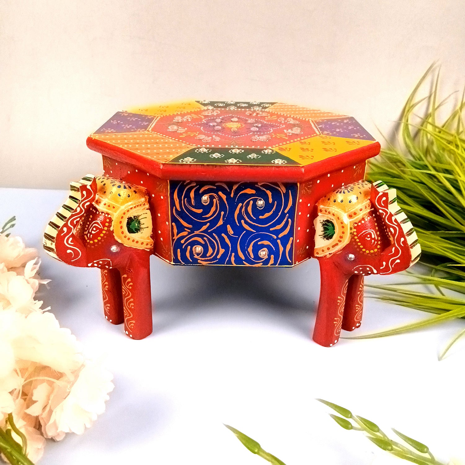 Jewellery Box Elephant Design | Wooden Multipurpose Jewelry Box - With Vibrant Hand Painting & Kundan Work - For Home, Table, Earring, Rings, Necklace & Gifts  apkamart