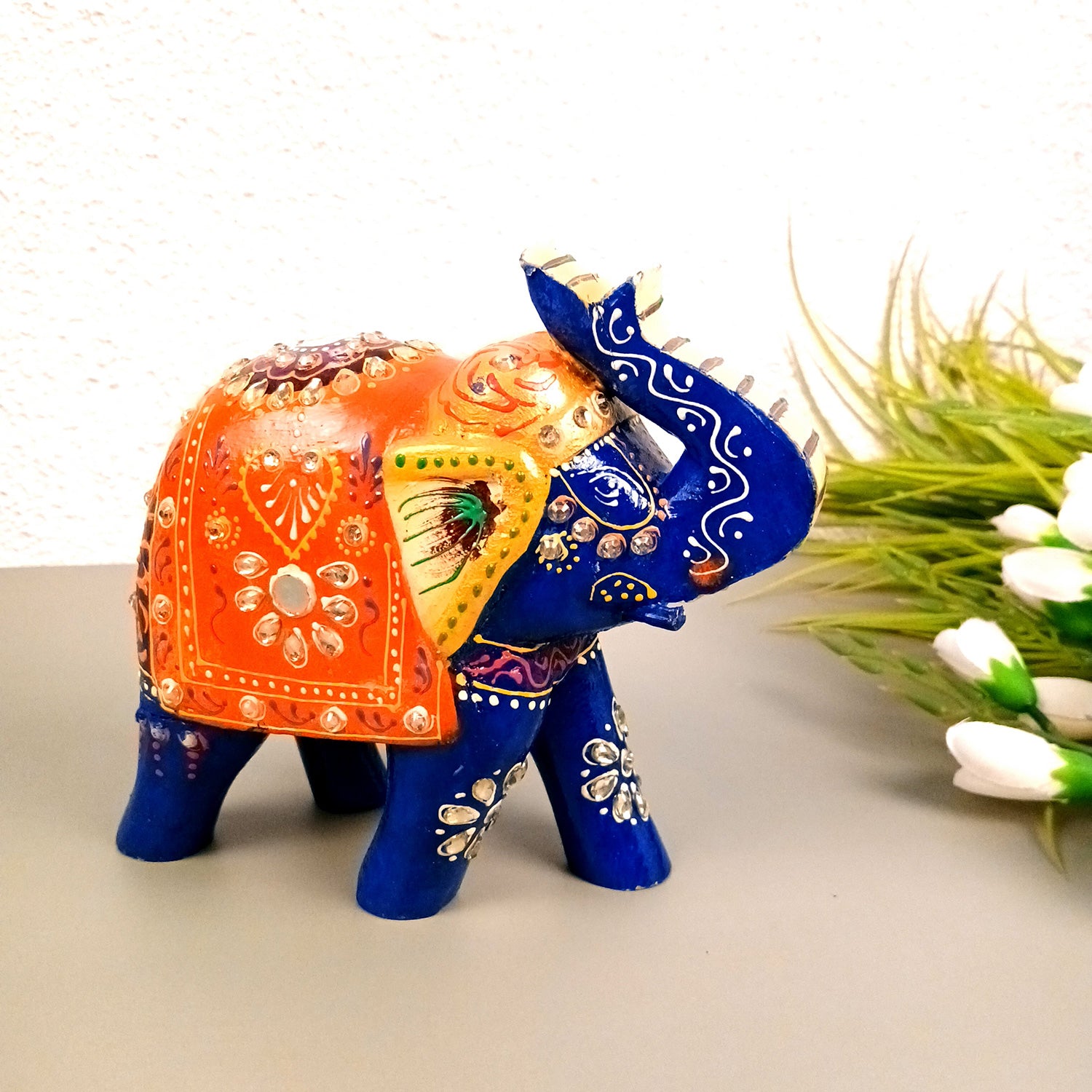 Elephant Statue Showpiece | Fengshui Trunk Up Vibrant Elephant Figurine With Kundan Work - For Vastu, Home Decor, Living Room, Office & Gift - 7 inch (Wood, Green) - Apkamart #Color_Blue