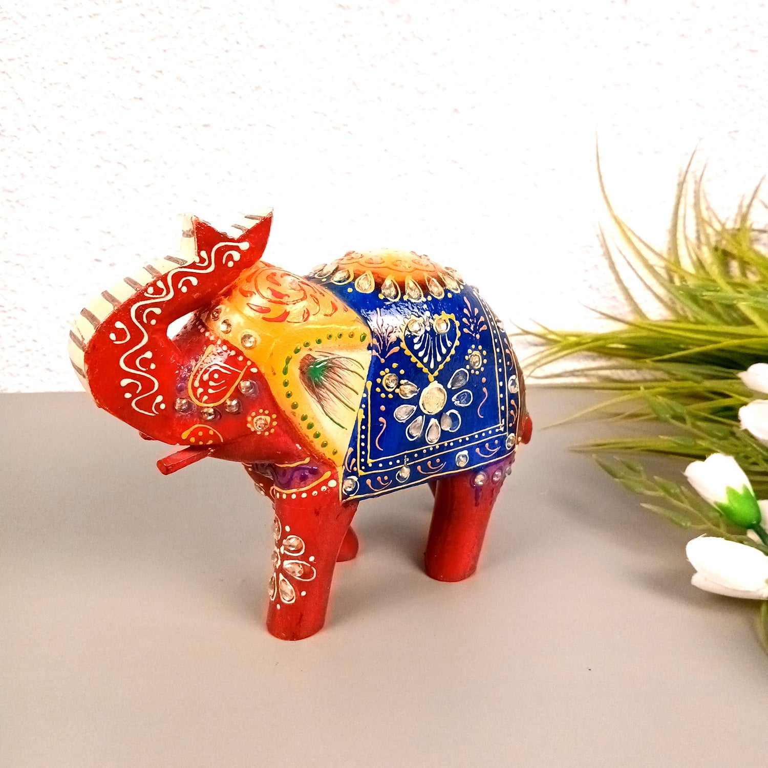 Elephant Statue Showpiece | Fengshui Trunk Up Vibrant Elephant Figurine With Kundan Work - For Vastu, Home Decor, Living Room, Office & Gift - 7 inch (Wood, Green) - Apkamart #Color_Red