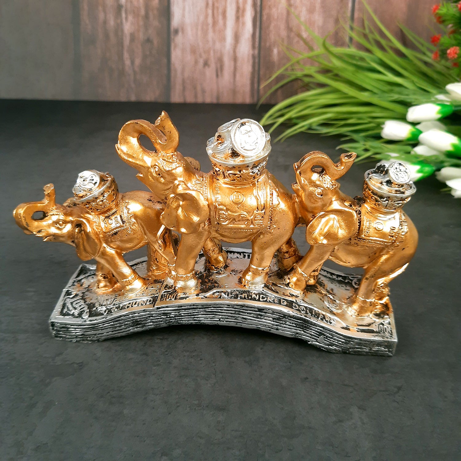 Elephant Statue Showpiece Trunk Up | Fengshui 3 Elephant Figurine With Gold Coins Pot - For Vastu, Good Fortune, Wealth, Strength | For Home Decor, Living Room, Office & Gift - 8 Inch - Apkamart