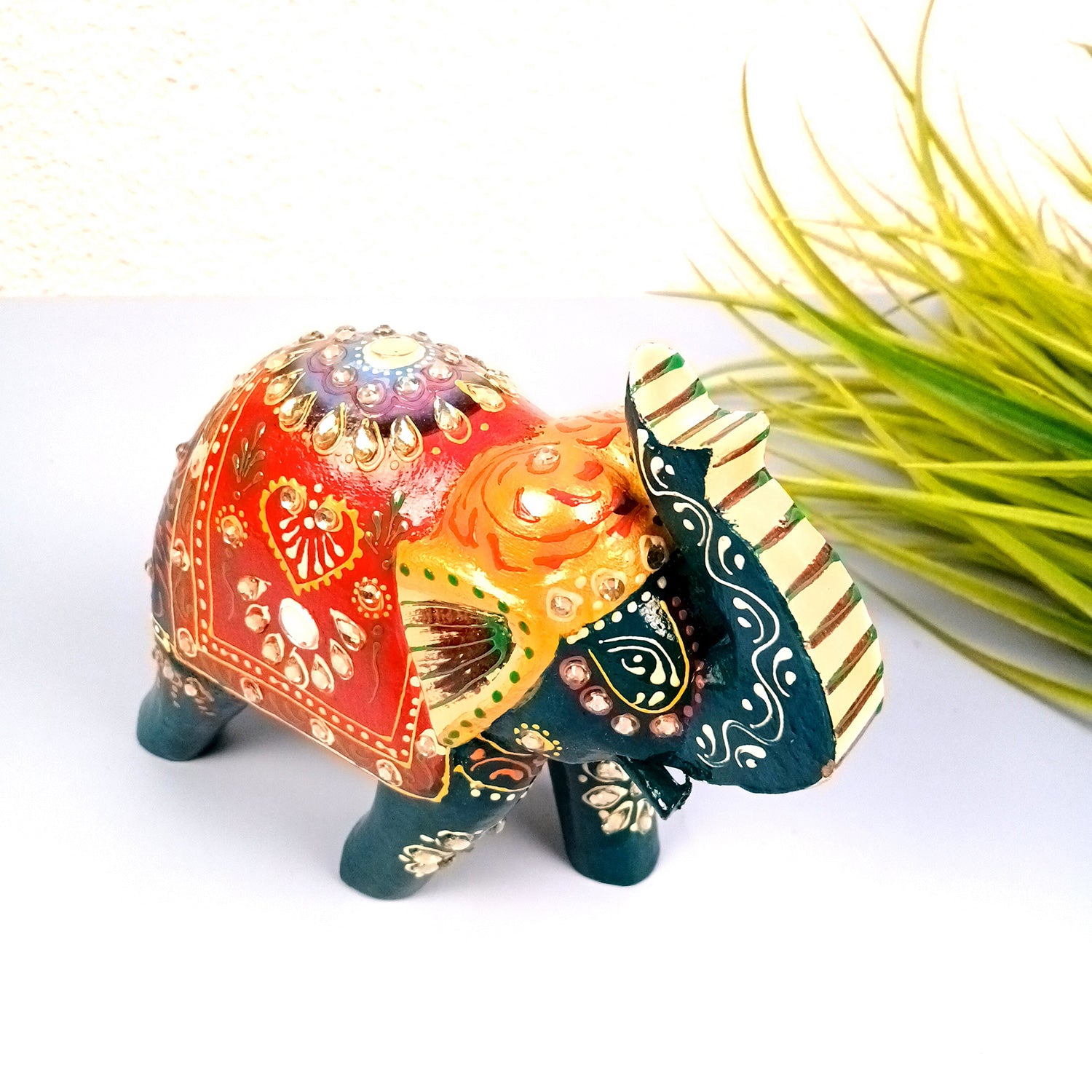 Elephant Statue Showpiece | Fengshui Trunk Up Vibrant Elephant Figurine With Kundan Work - For Vastu, Home Decor, Living Room, Office & Gift - 7 inch (Wood, Green) - Apkamart #Color_Green