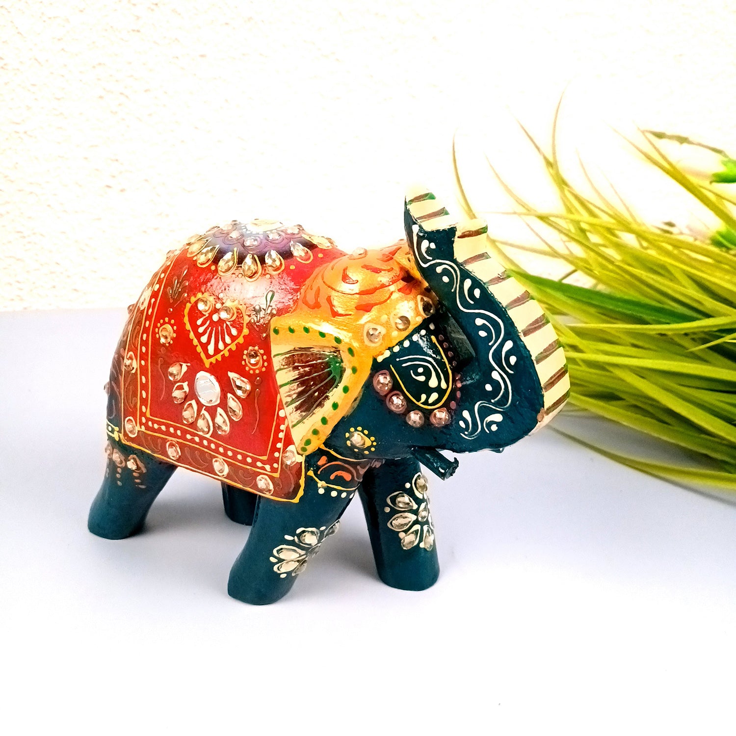 Elephant Statue Showpiece | Fengshui Trunk Up Vibrant Elephant Figurine With Kundan Work - For Vastu, Home Decor, Living Room, Office & Gift - 7 inch (Wood, Green) - Apkamart #Color_Green